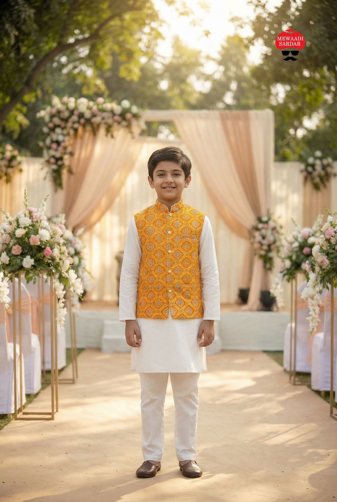 Young boy in yellow traditional attire standing in front of a decorated outdoor setting with flowers and drapes.