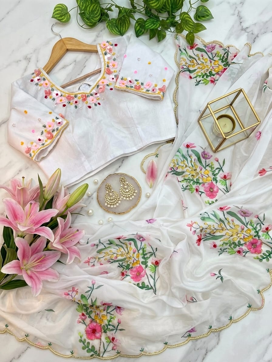 White saree with floral embroidery on a marble surface with flowers and jewelry.
