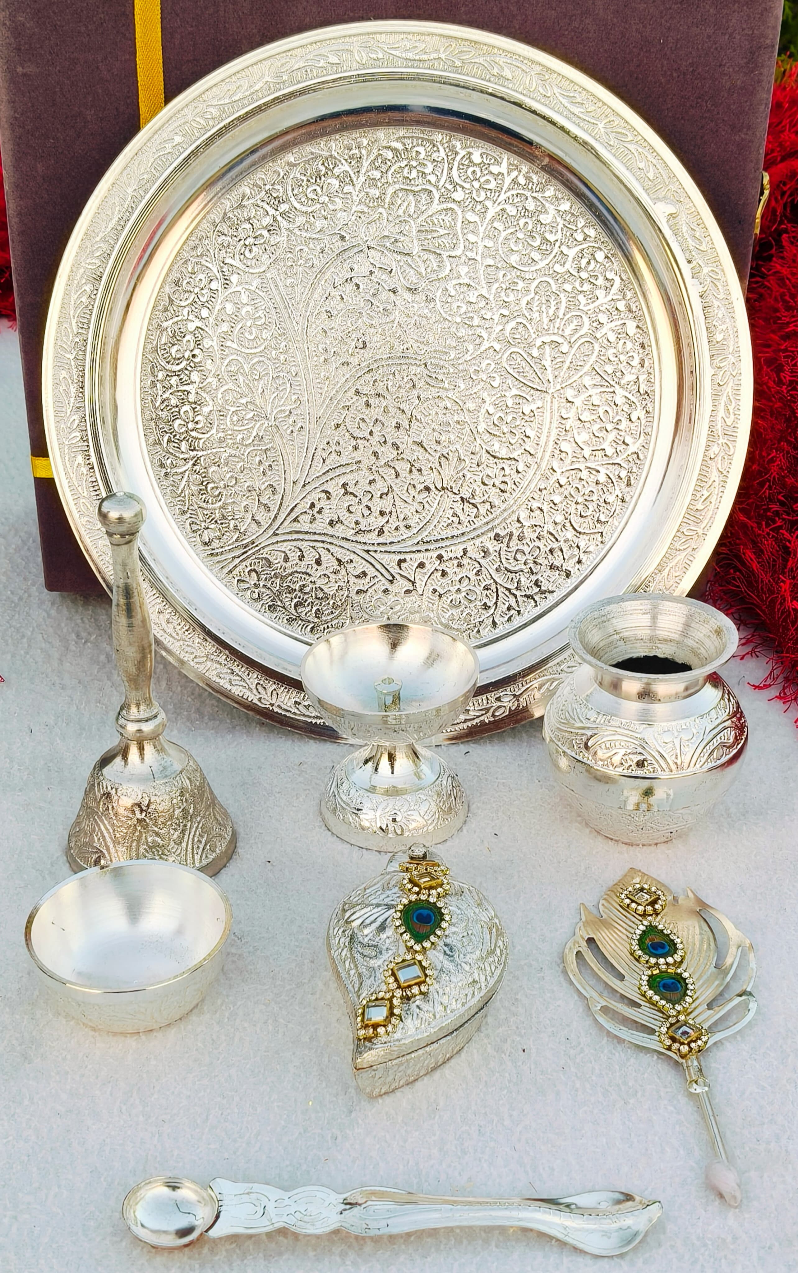 German silver pooja set with velvet box
