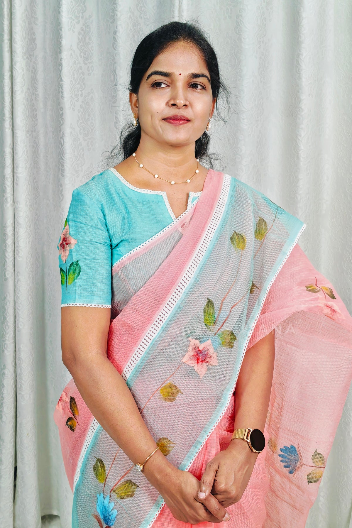 A Peach colour Brush Painted Kota Saree