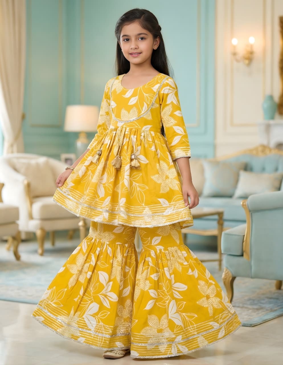 Young girl in a yellow floral dress standing in a stylishly decorated room.