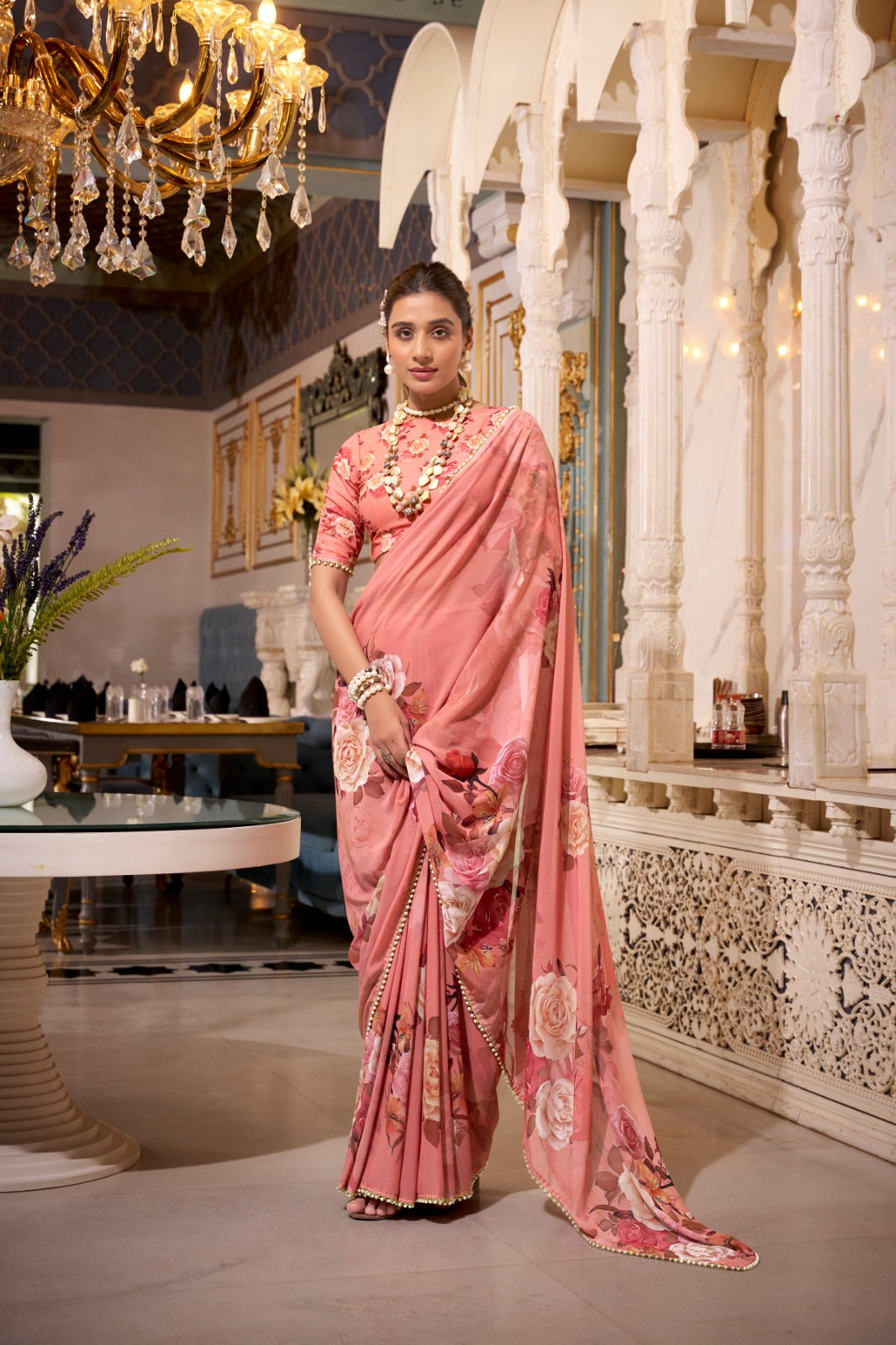 Peach floral saree 