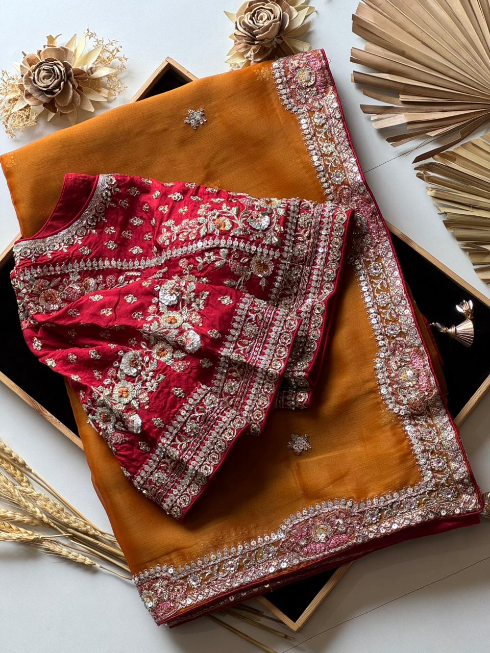 Mustard Yellow fabric with Red blouse 