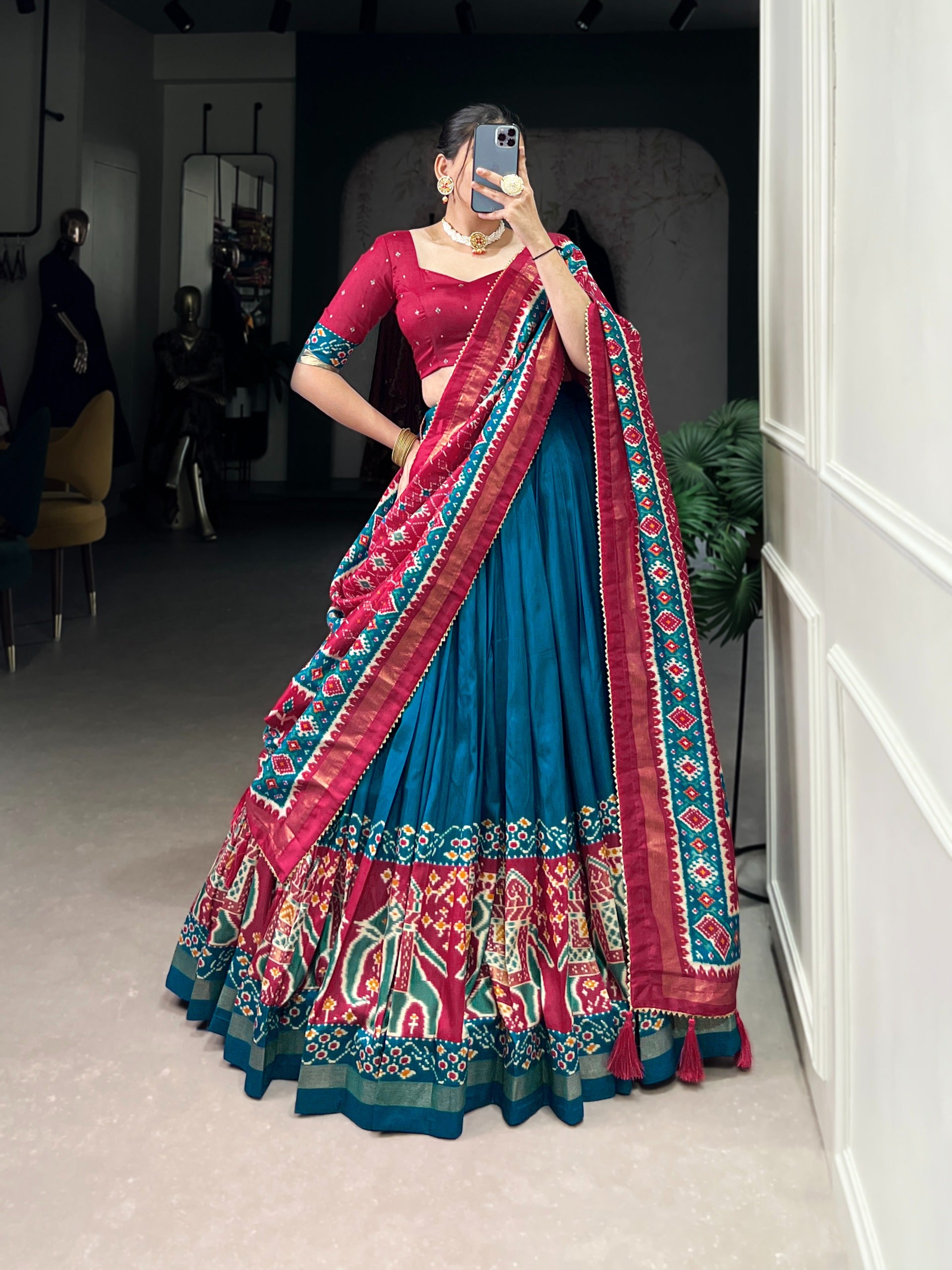 traditional blue lehanga with floral patterns 