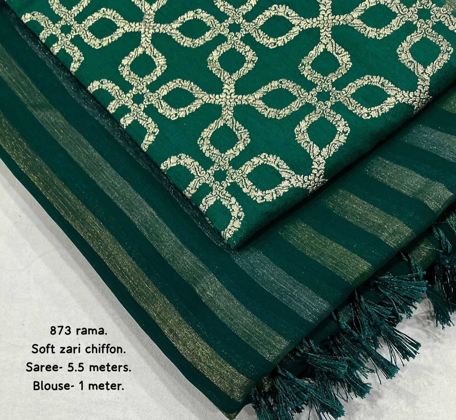 Rama Green saree with gold zari patterns on a white background