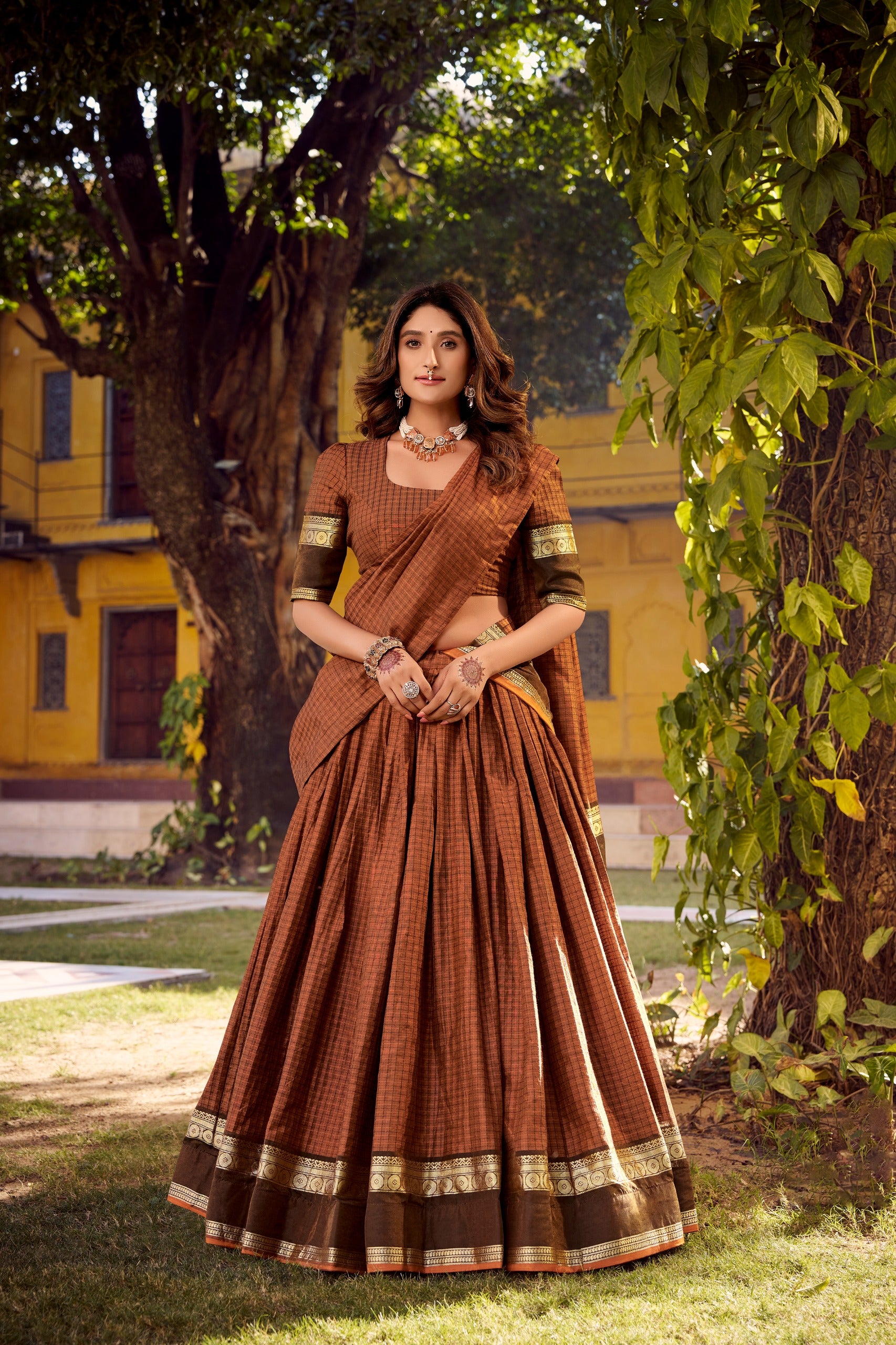 Rust Orange lehanga with gold border 