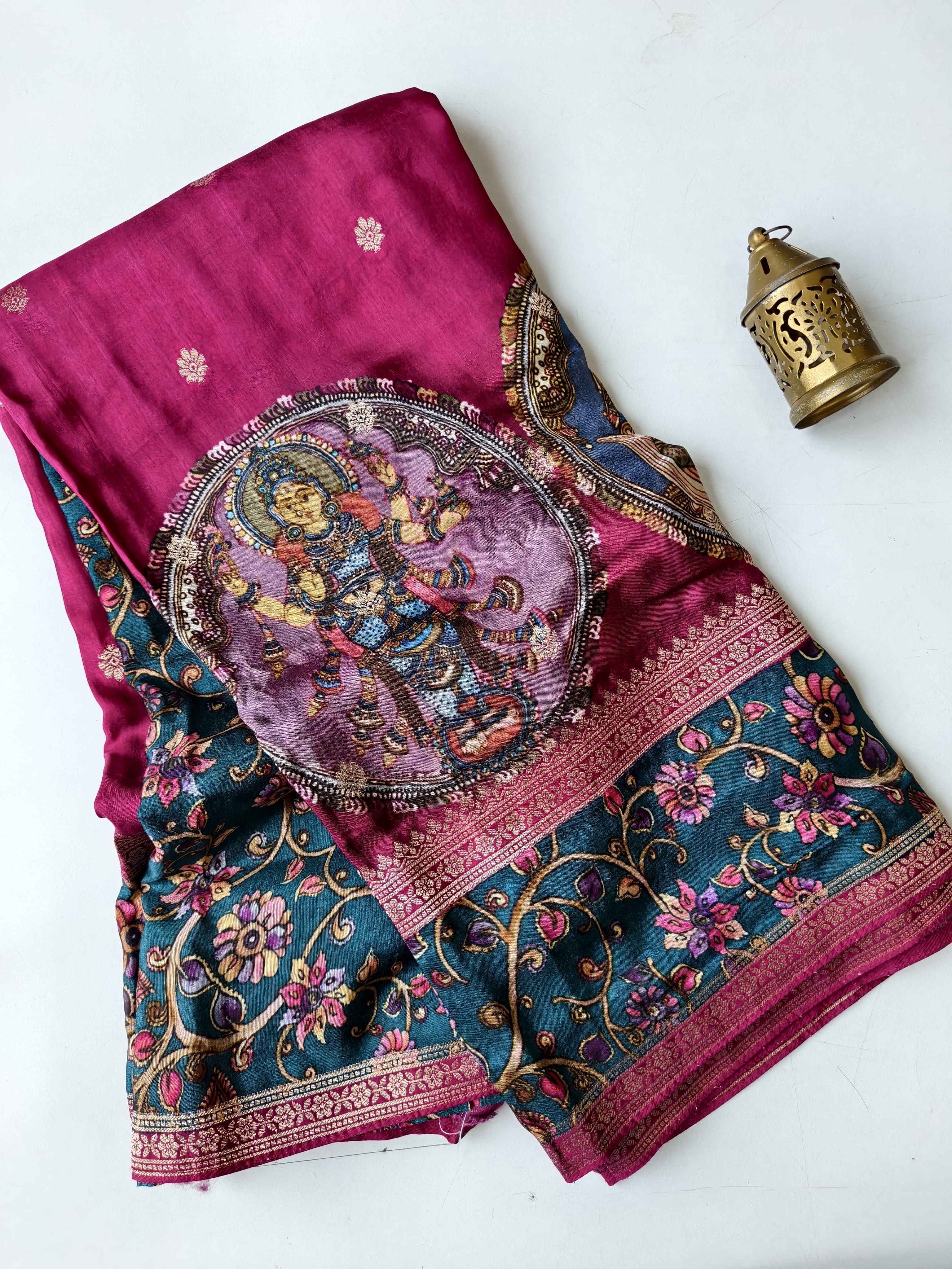 Rani pink Decorative saree with intricate patterns on a white background
