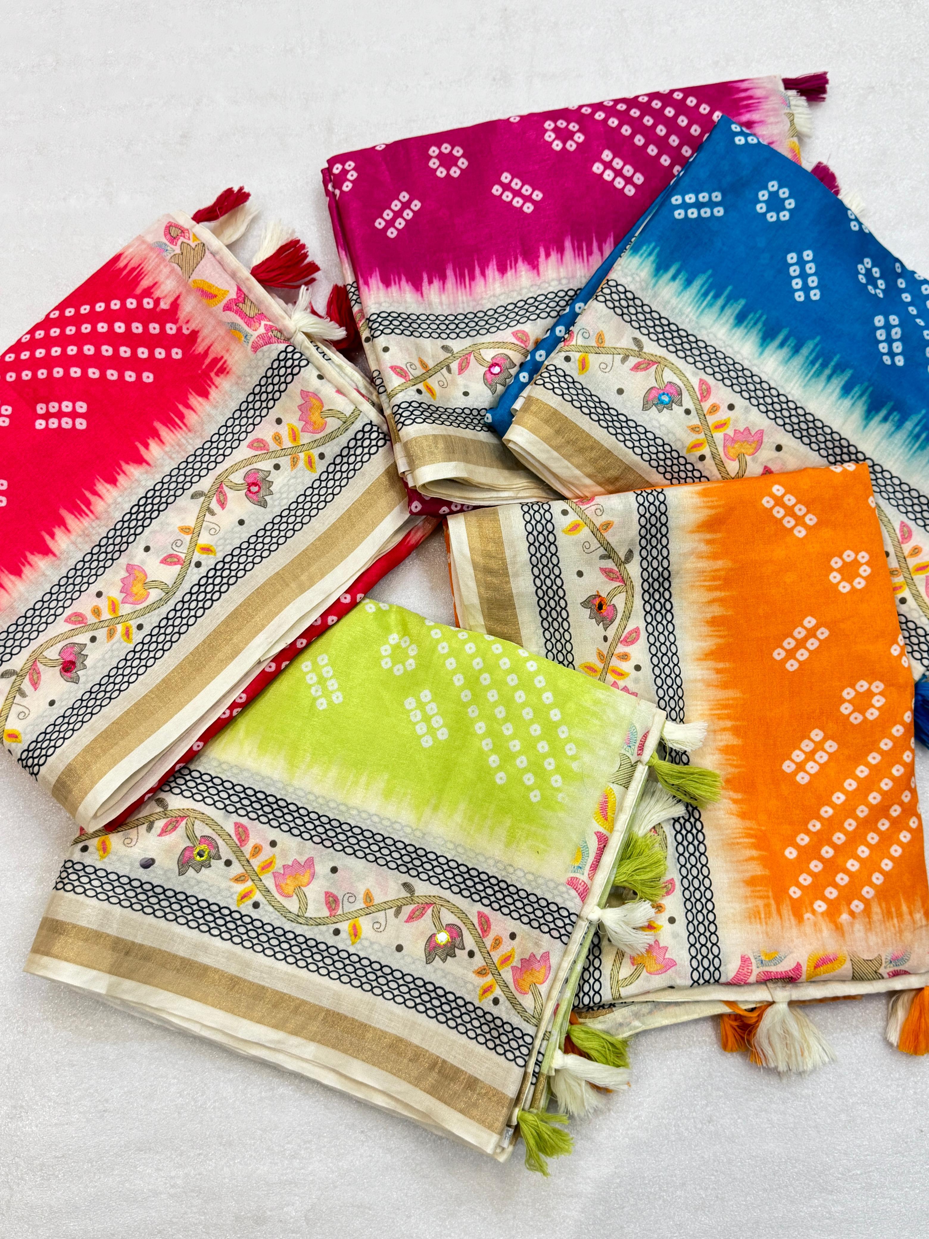 Parrot Green,red, orange,sky blue and Rani pink 