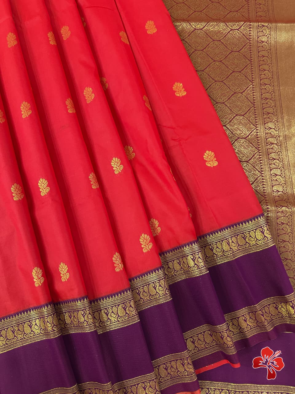 Red saree with gold patterns