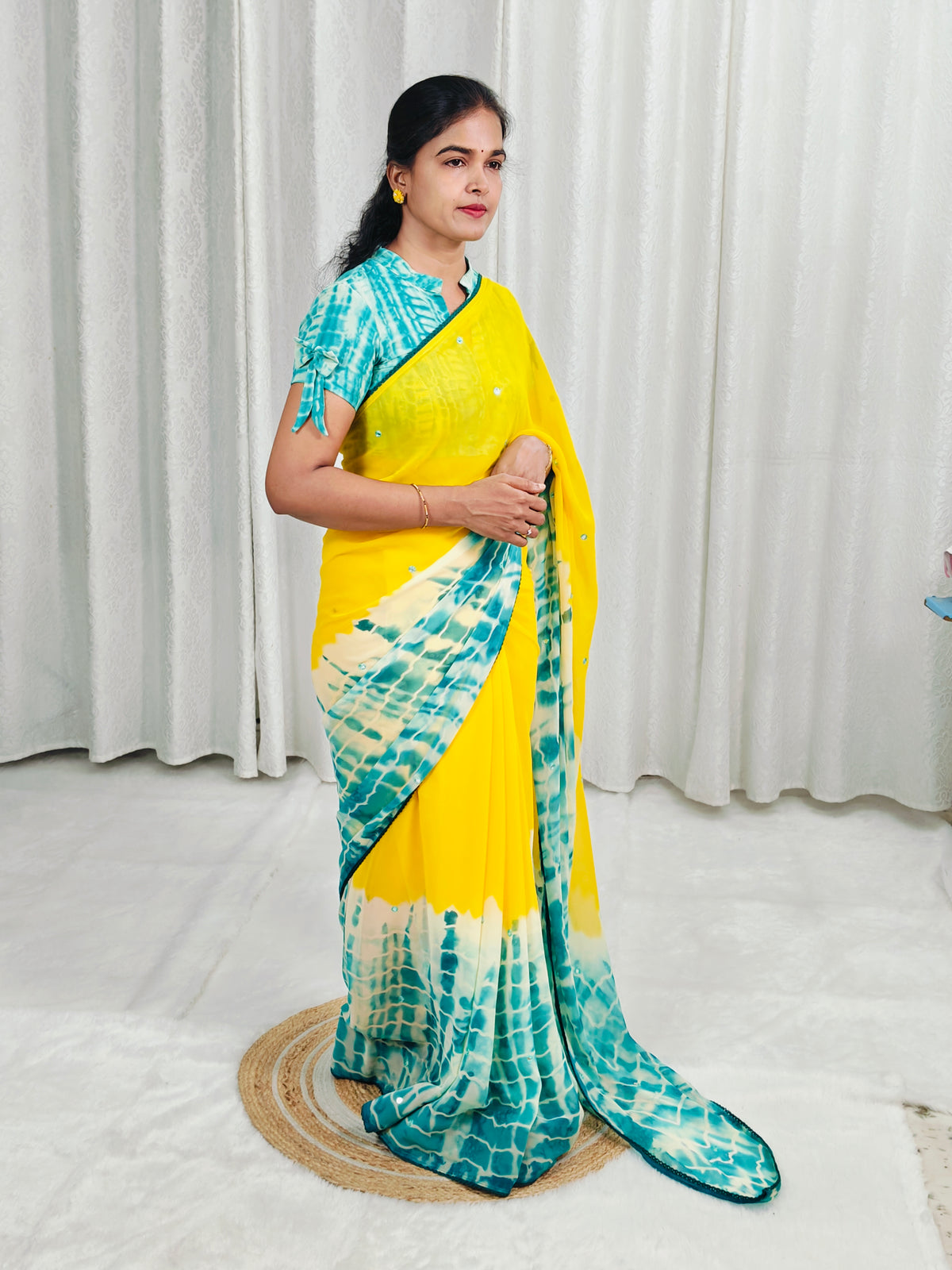 Shibori Georgette Saree with Lace and Real Mirrors LSS50