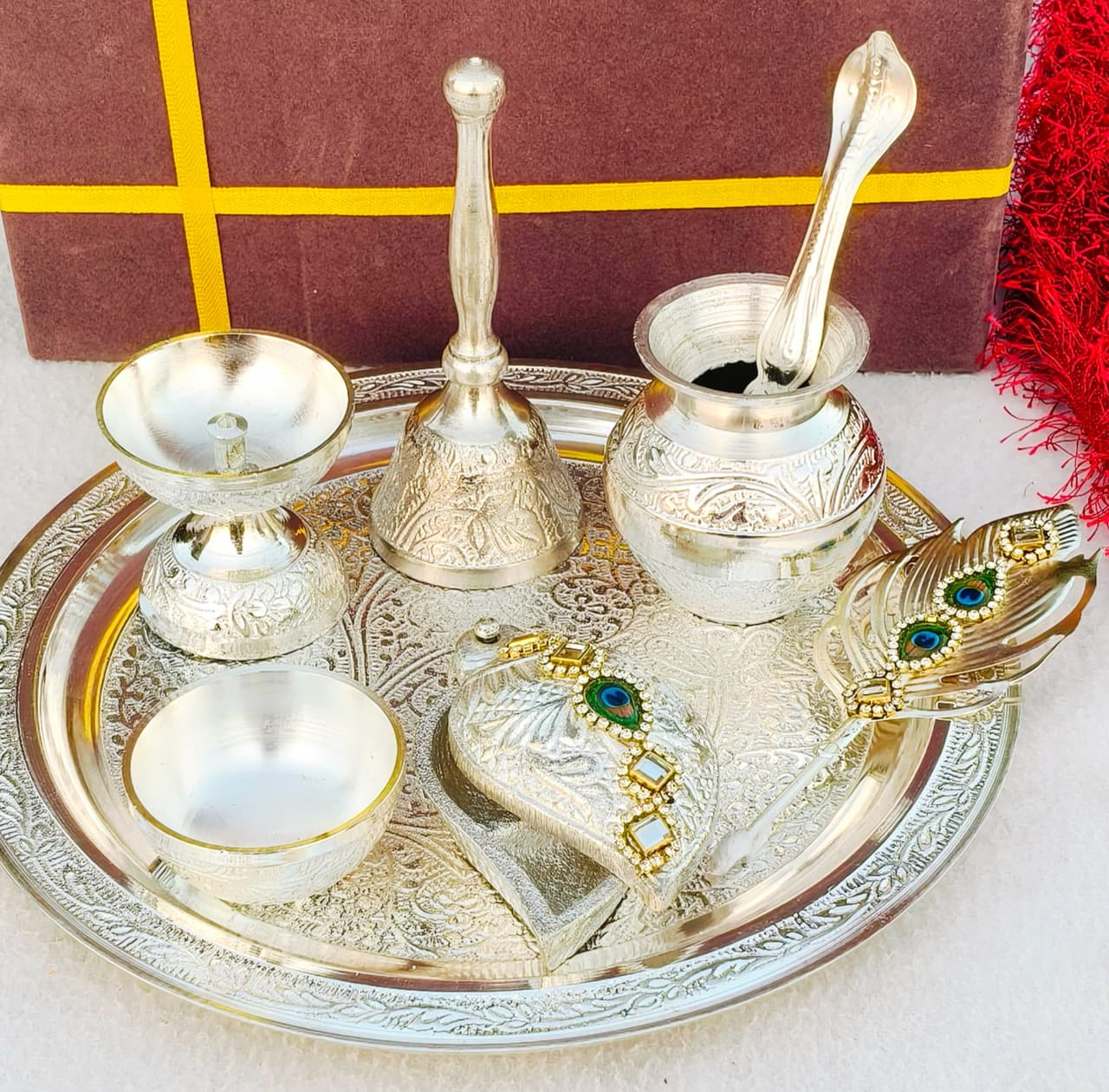 German silver pooja set with velvet box