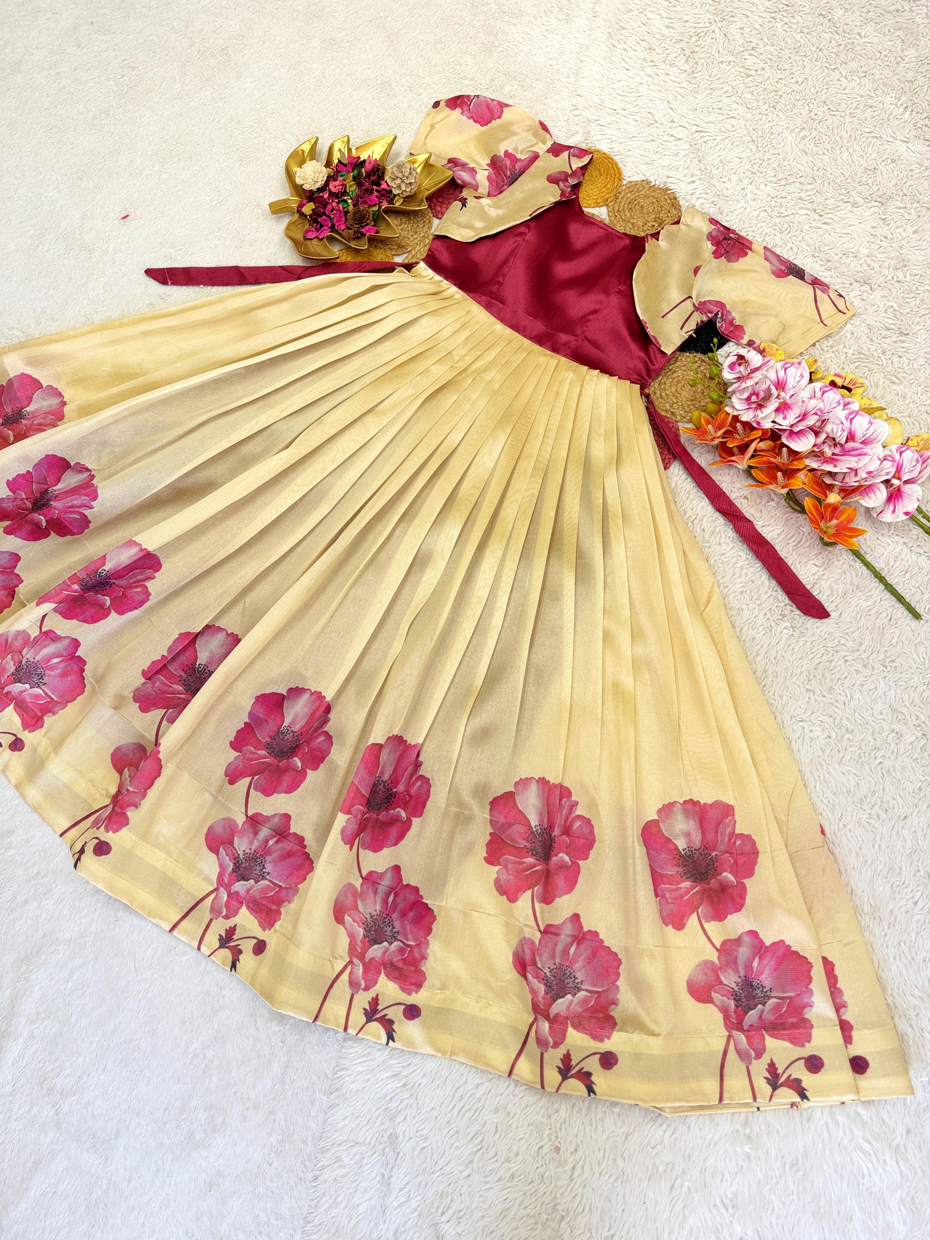 Beige frock with pink floral patterns