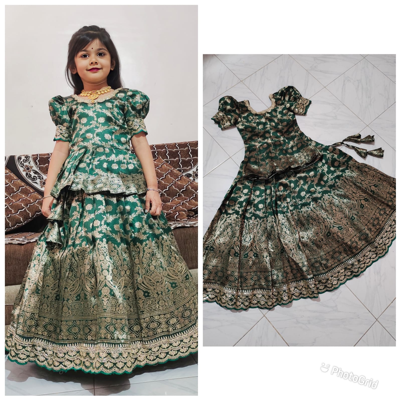 Child wearing a bottle green patterned dress with a close-up of the dress on a tiled floor.