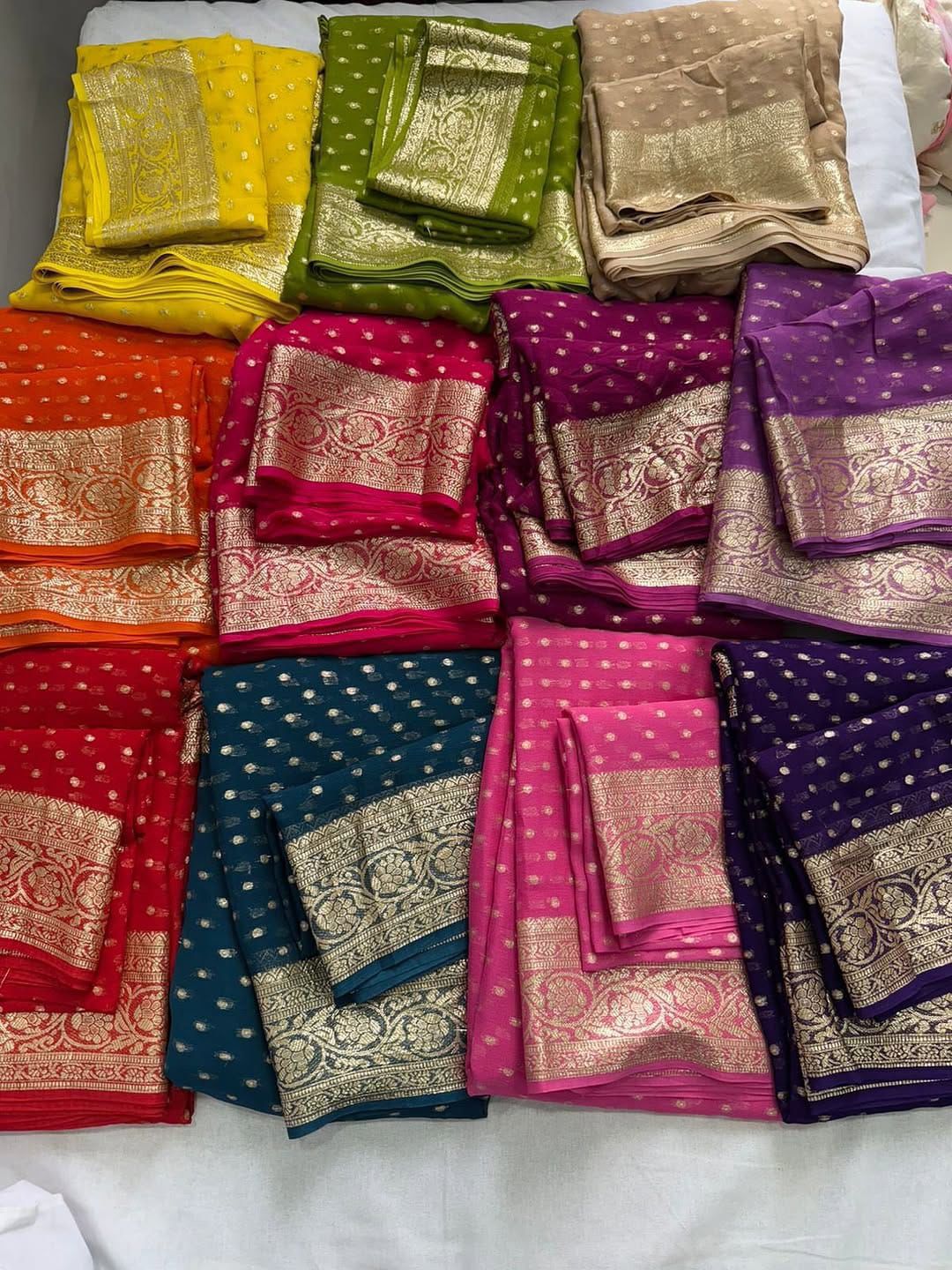 yellow, parrot green, beige, orange, rani pink, lavender, purple, red, baby pink, wine, rama green
