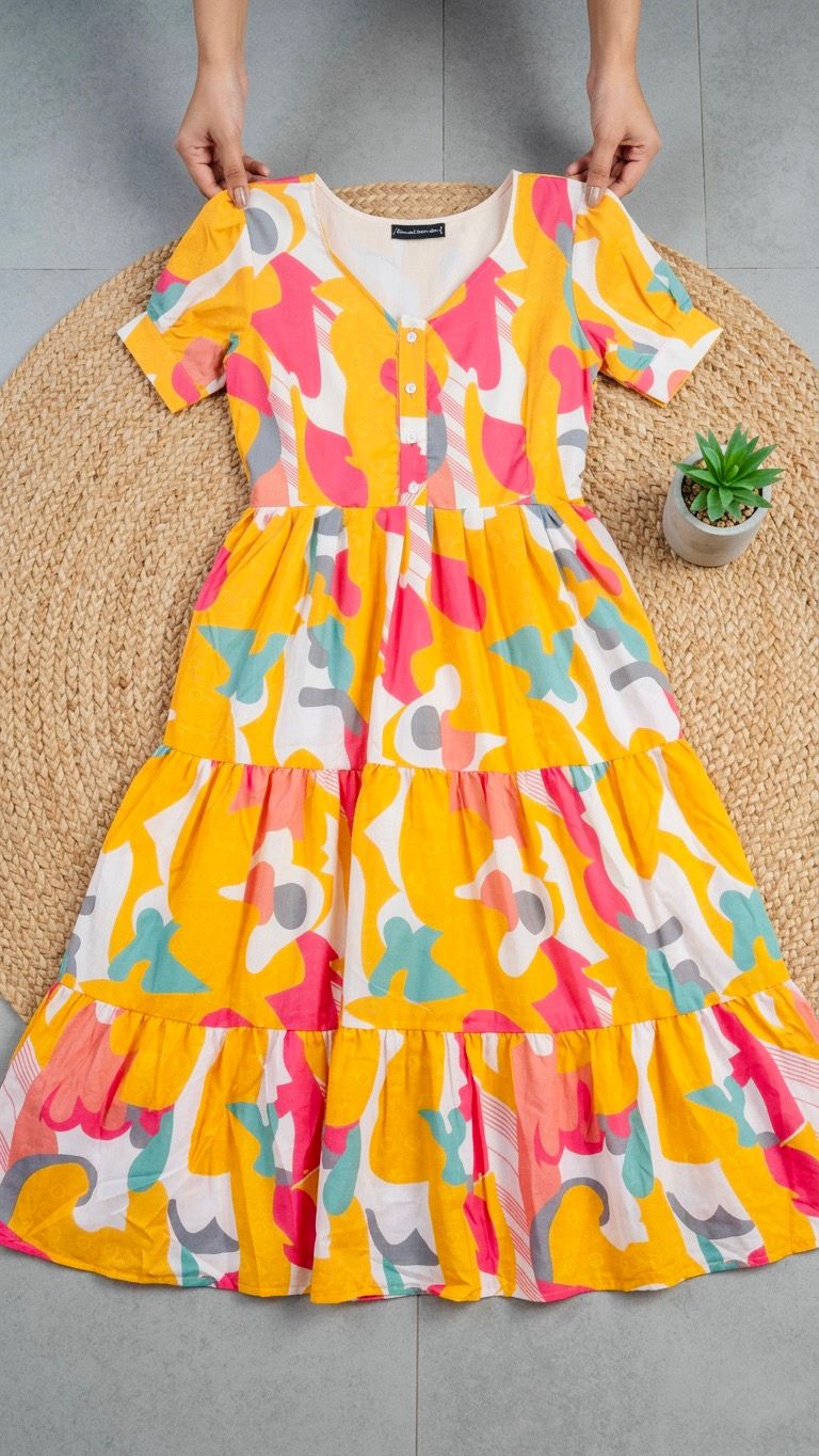 Yellow frock with some floral patterns 
