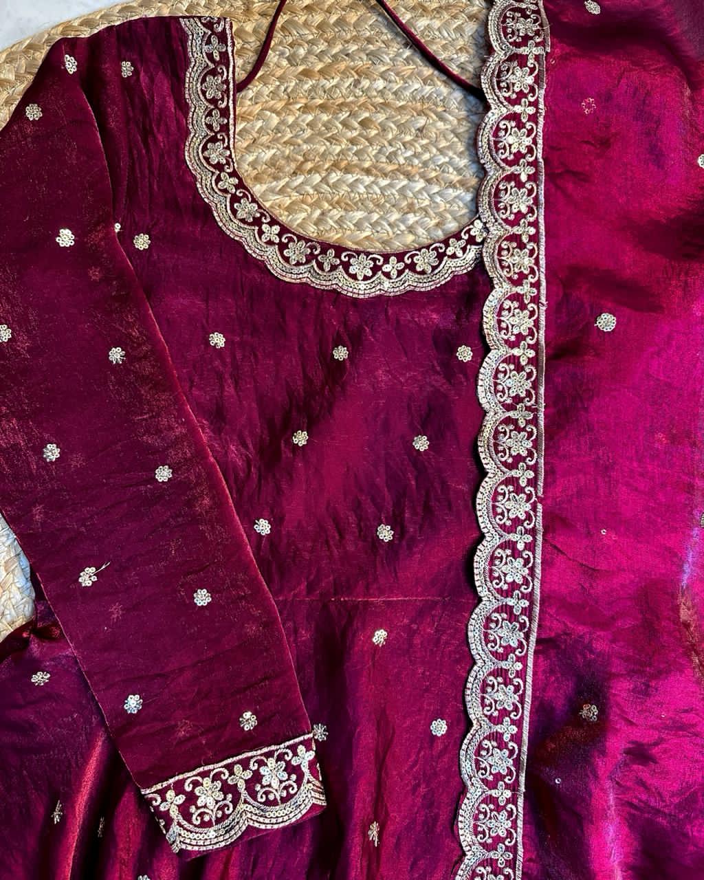 Wine  fabric with gold and white embroidery