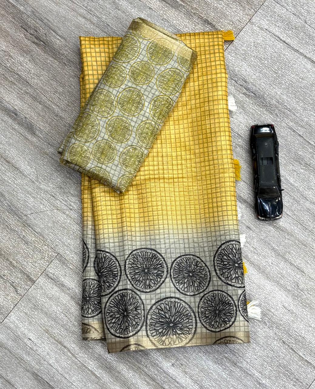 Yellow fabric with floral patterns 