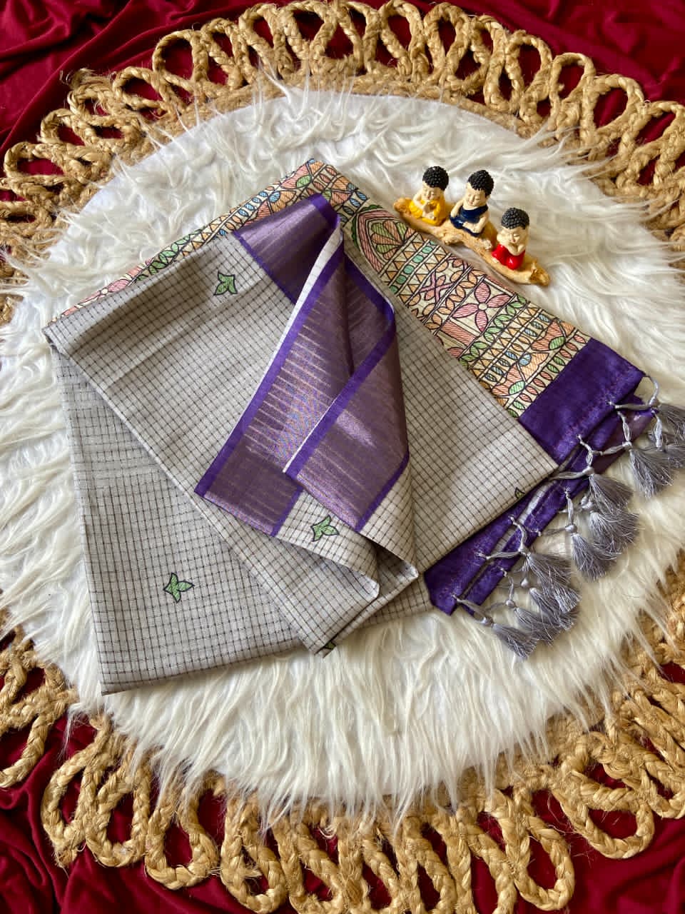 Gray saree with floral patterns 