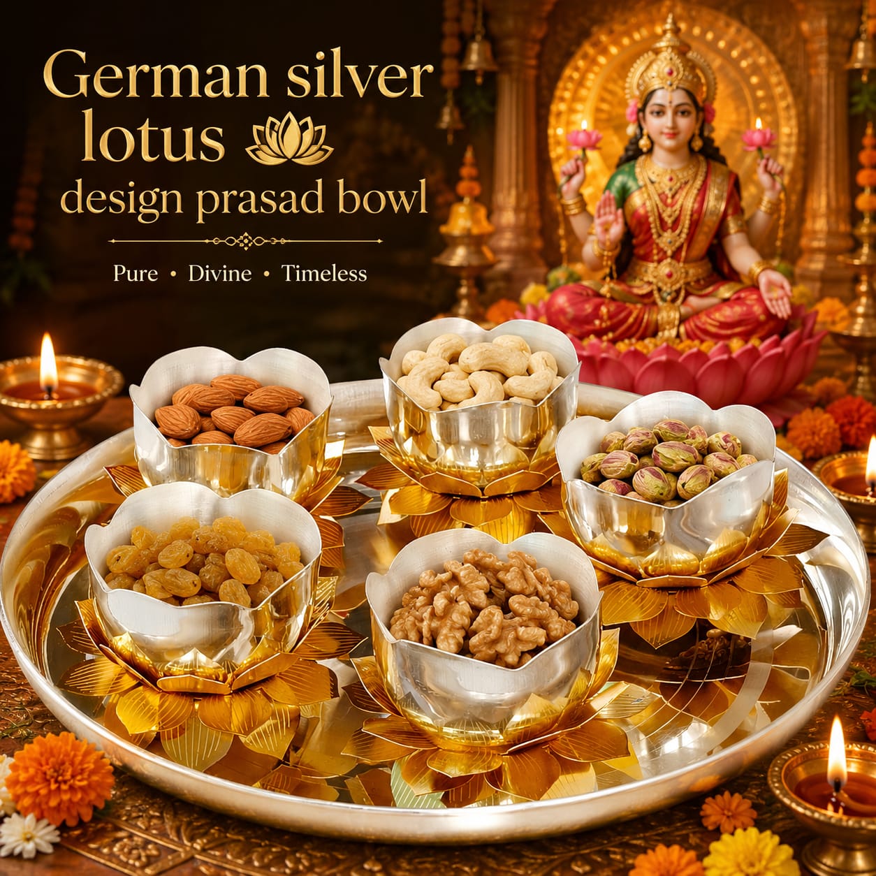 German silver 5 piece lotus prasad bowl thali set