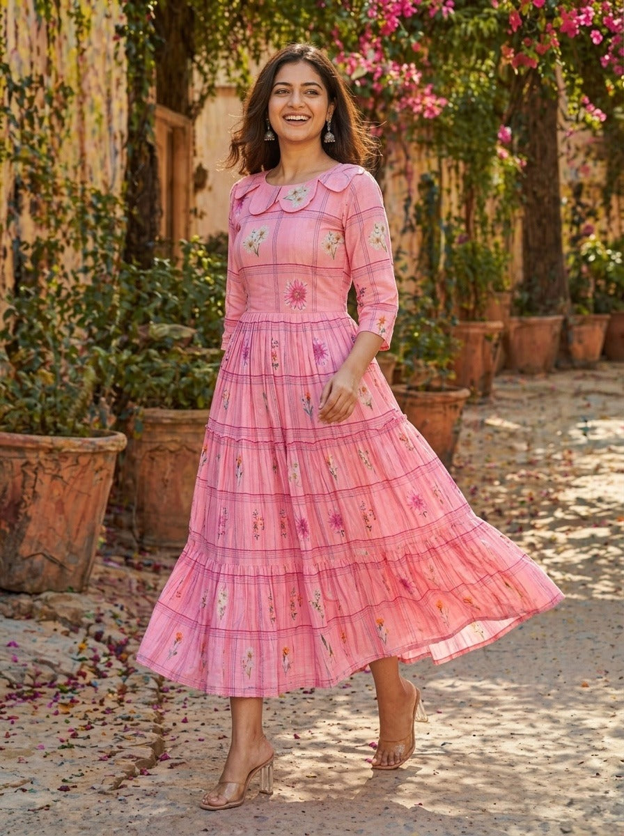  pink frock with floral patterns