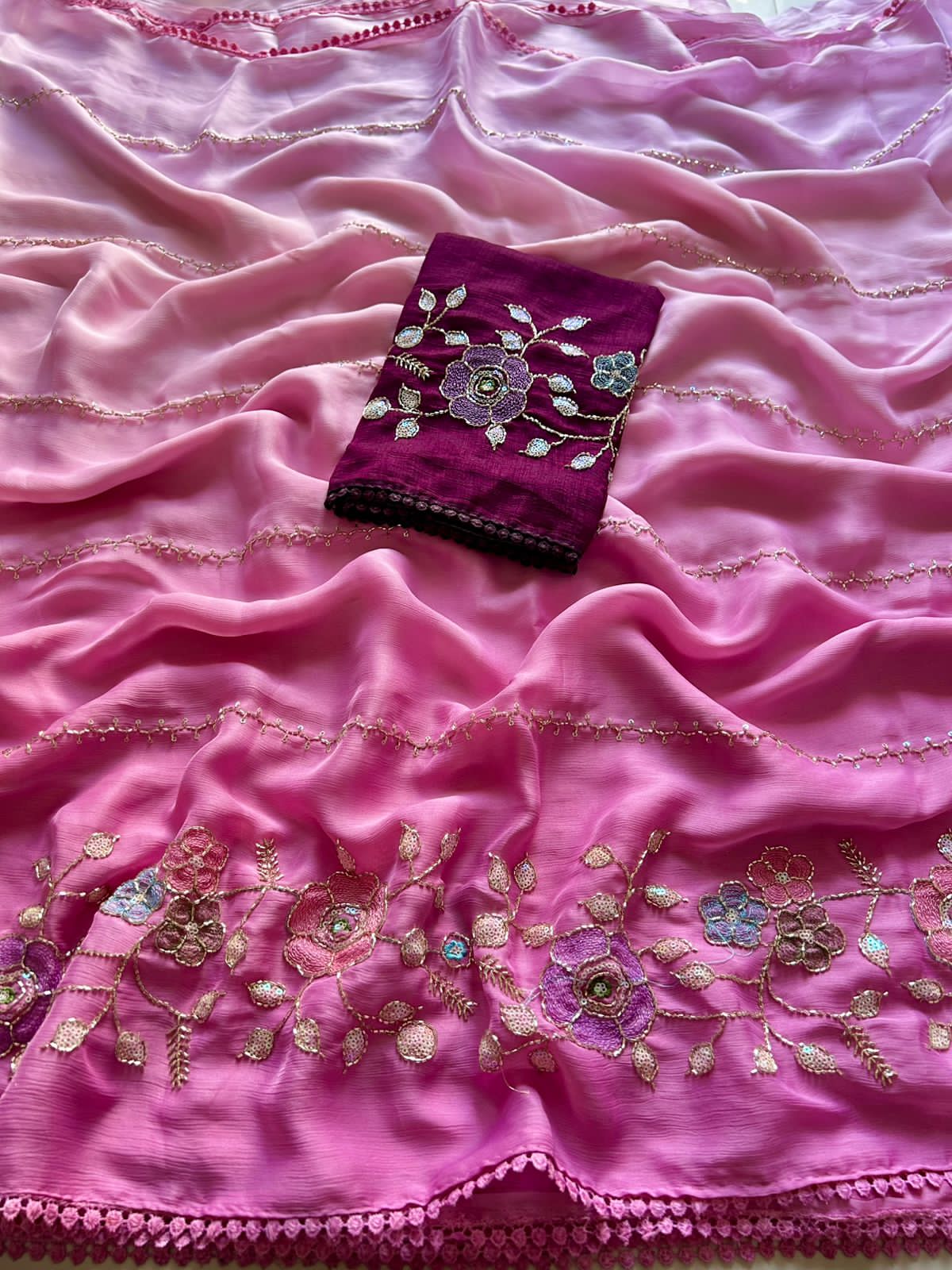Baby Pink embroidered fabric with a purple embroidered square on top