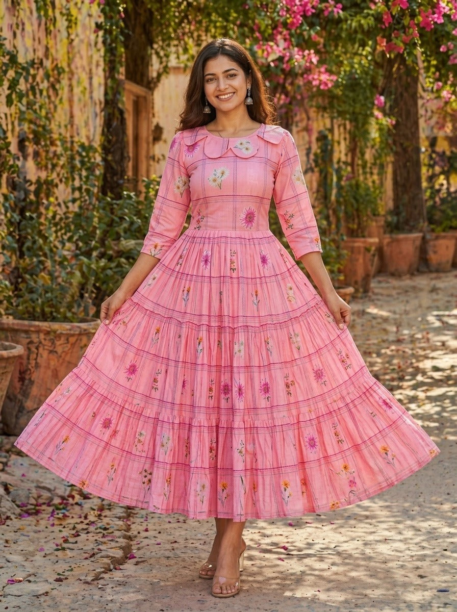 pink frock with floral patterns