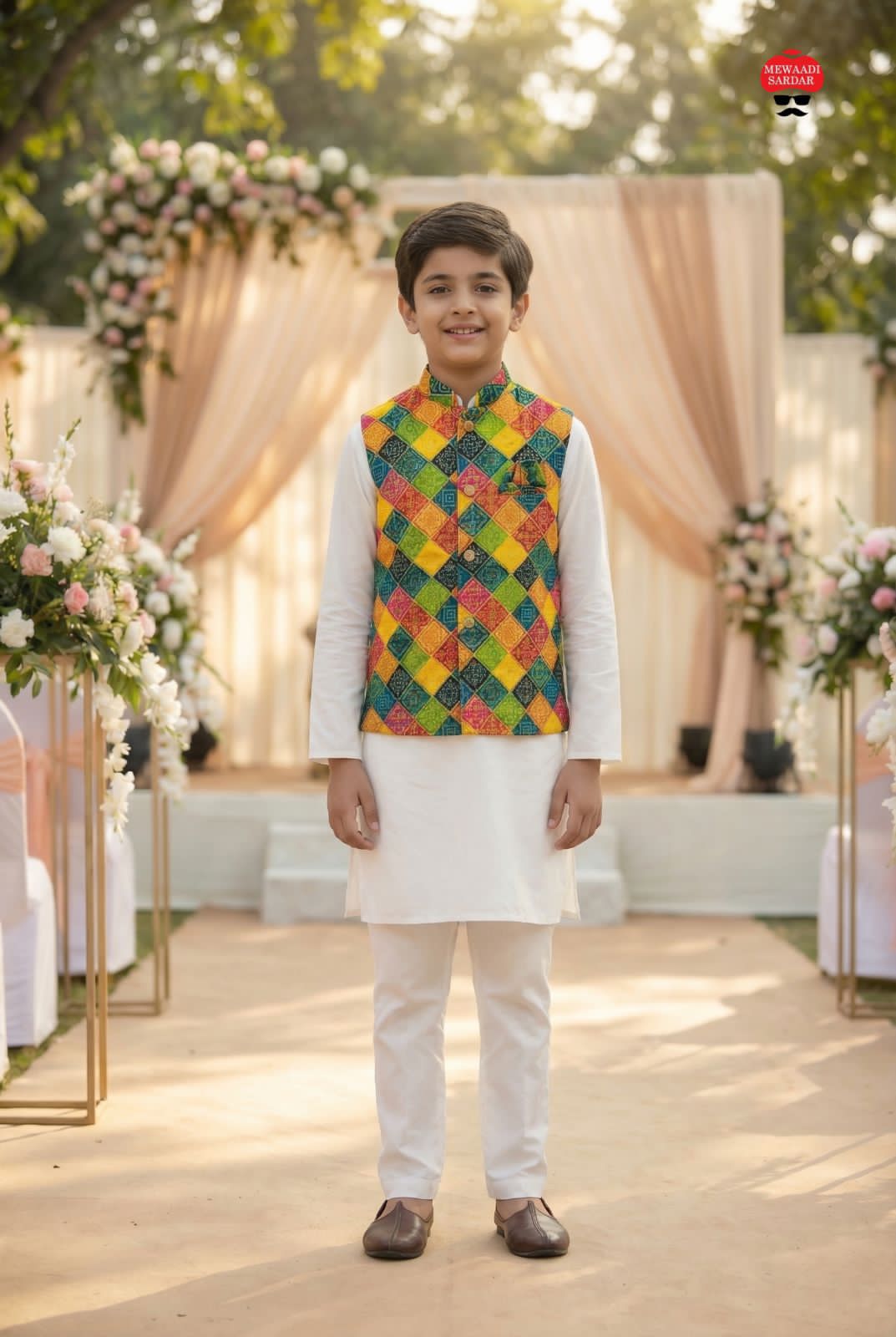 Young boy in a Multicolor vest standing in front of a decorated outdoor setting with flowers and a canopy.