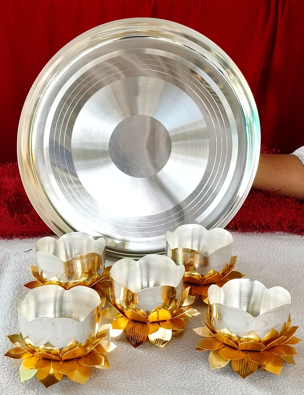 German silver 5 piece lotus prasad bowl thali set