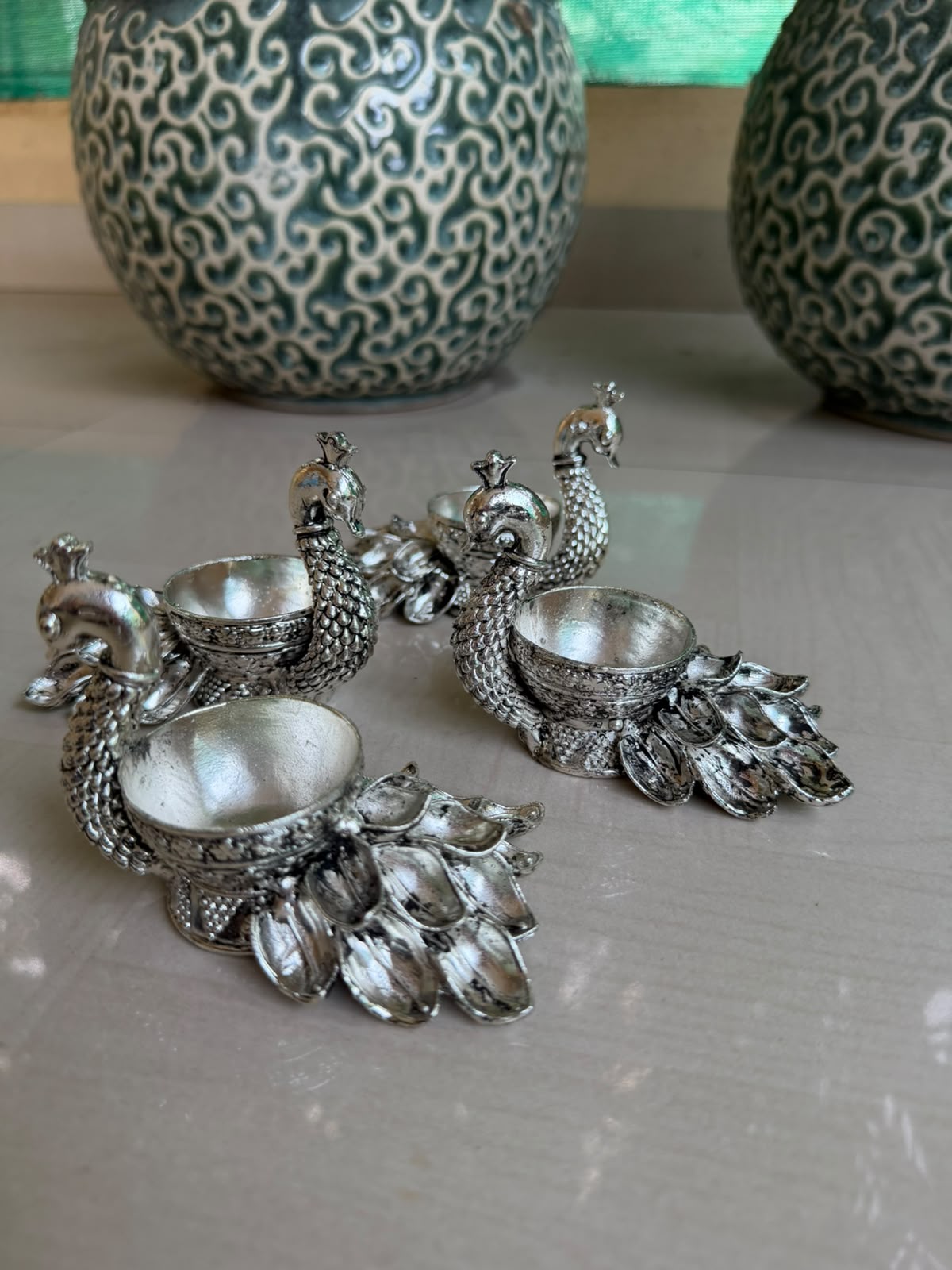Antique German Silver big peacock deepam