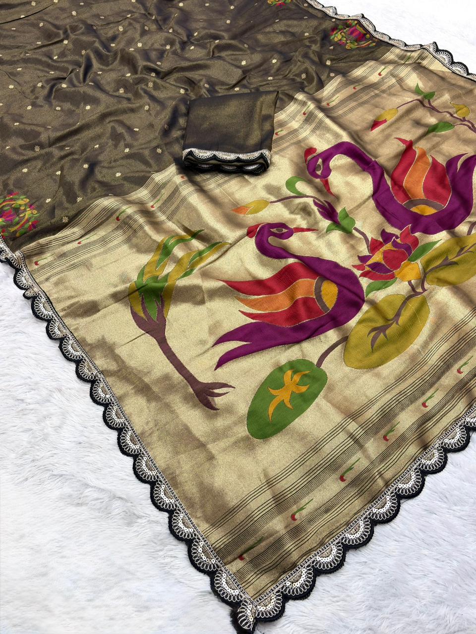 Olive Green saree with floral patterns 