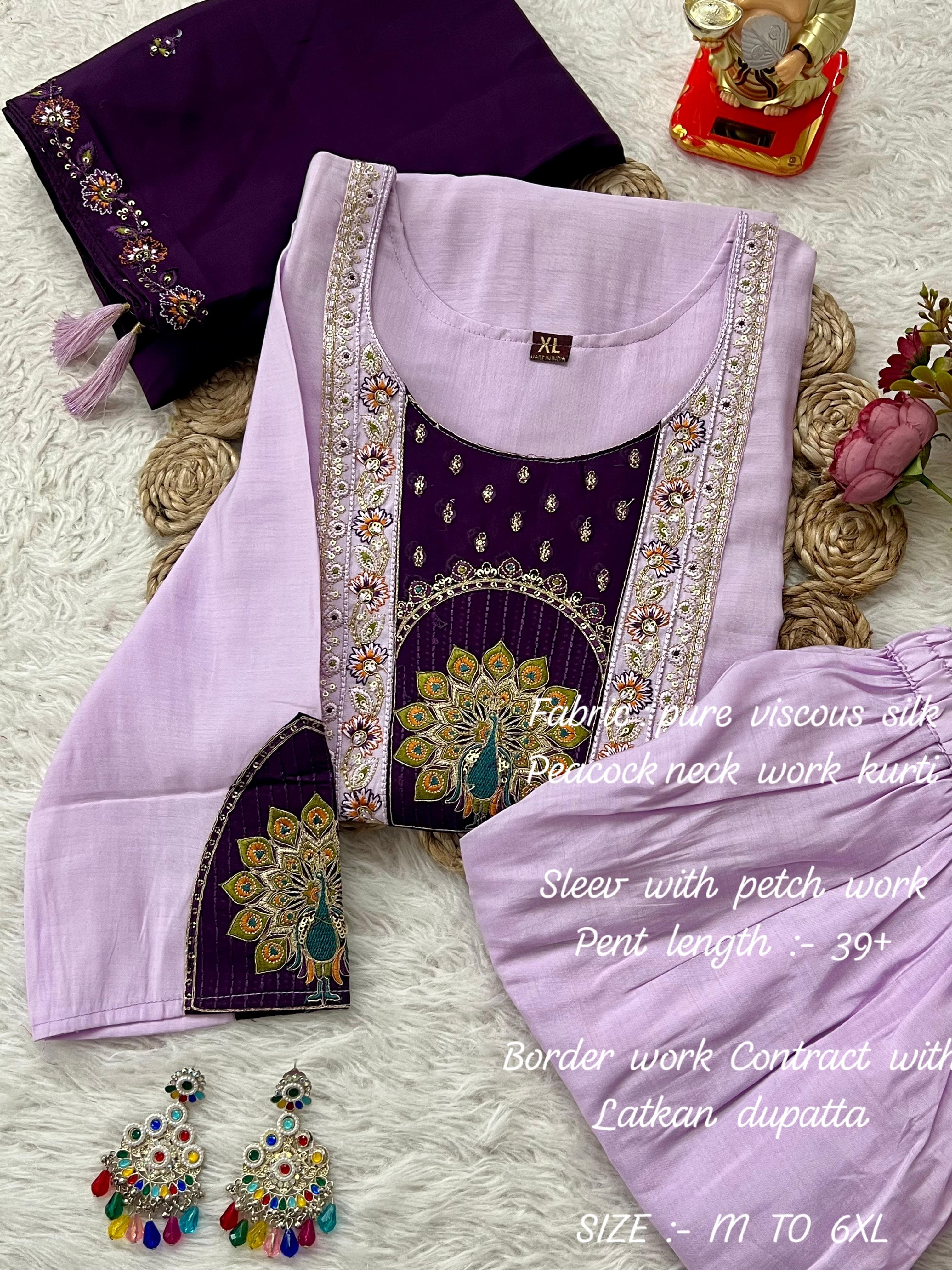 Purple outfit with intricate embroidery on a texture surface.