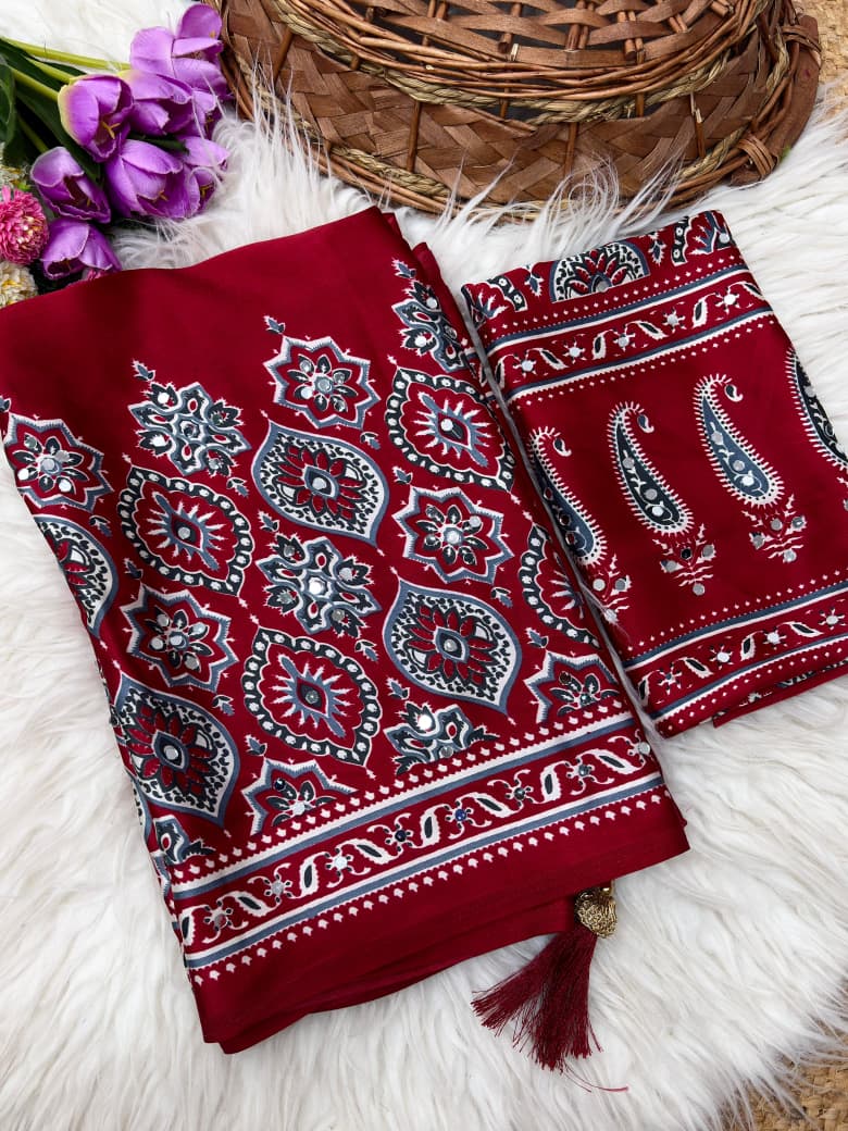 Red patterned fabric with tassels 