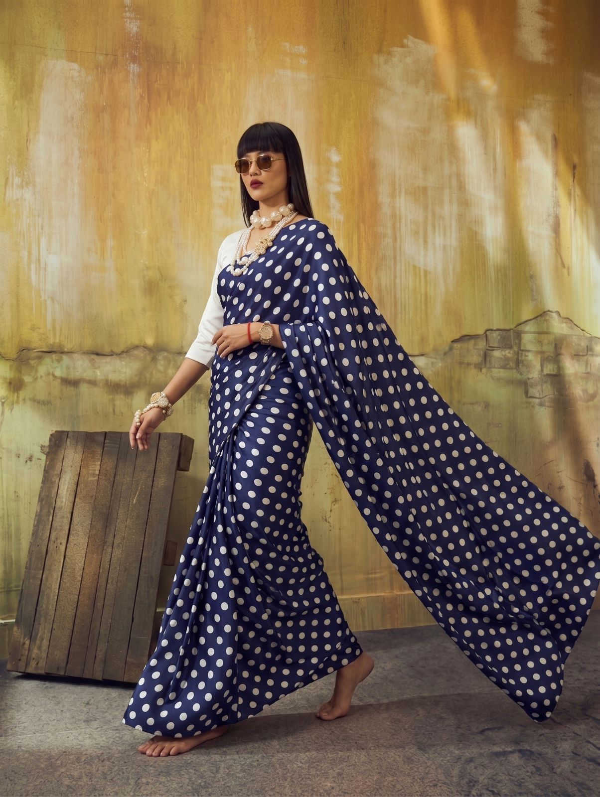 Navy blue polka dot saree