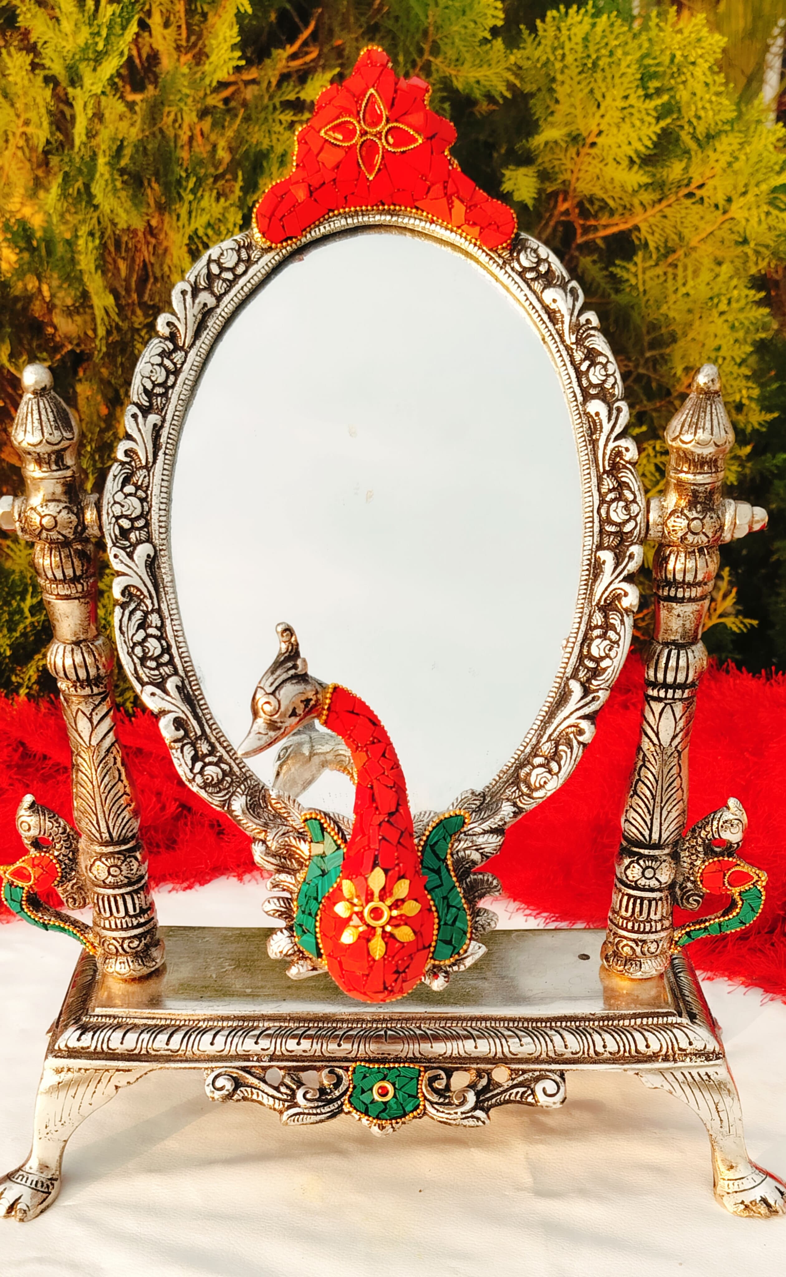 Antique german silver peacock table mirror