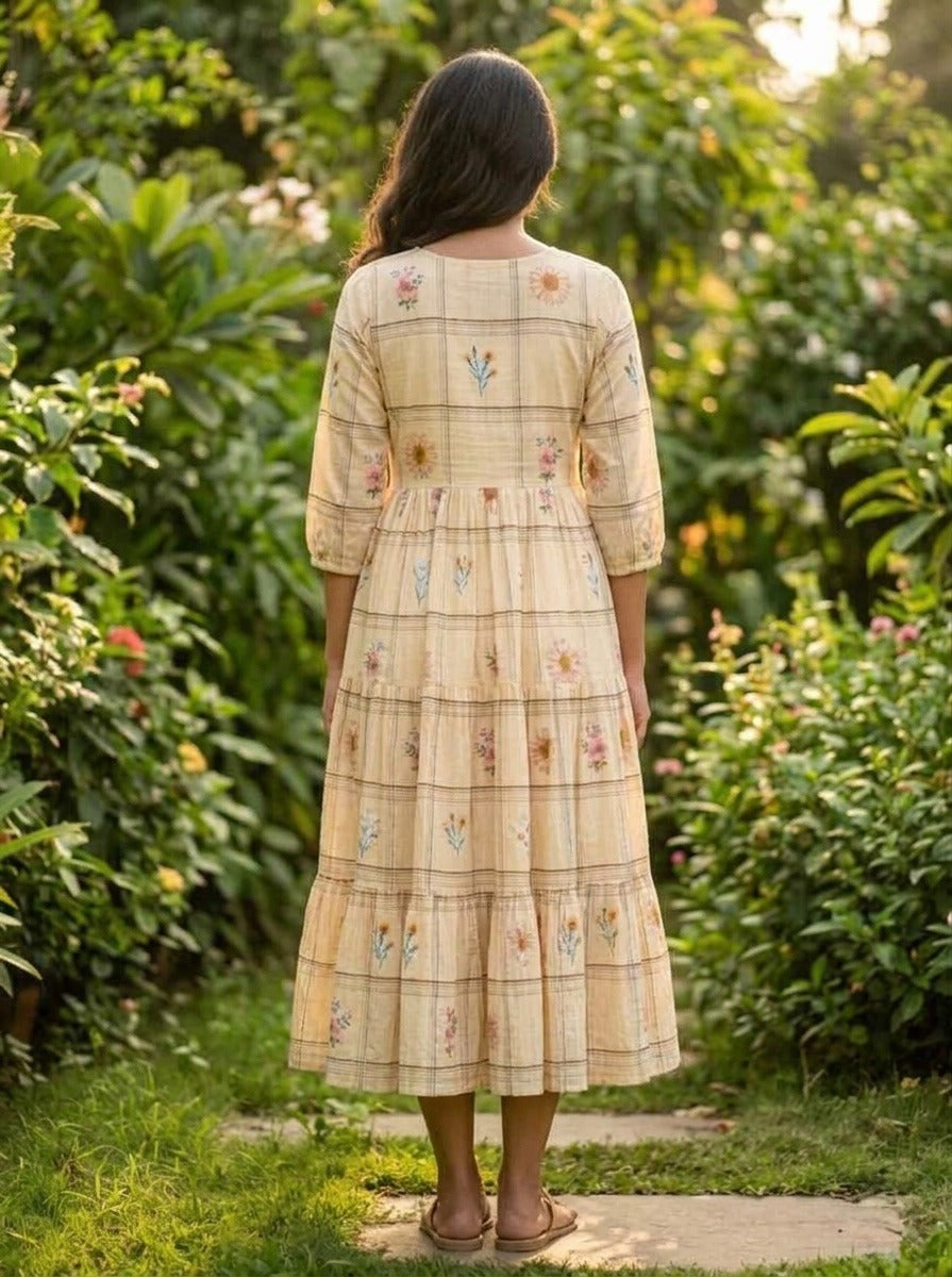 beige frock with floral patterns 