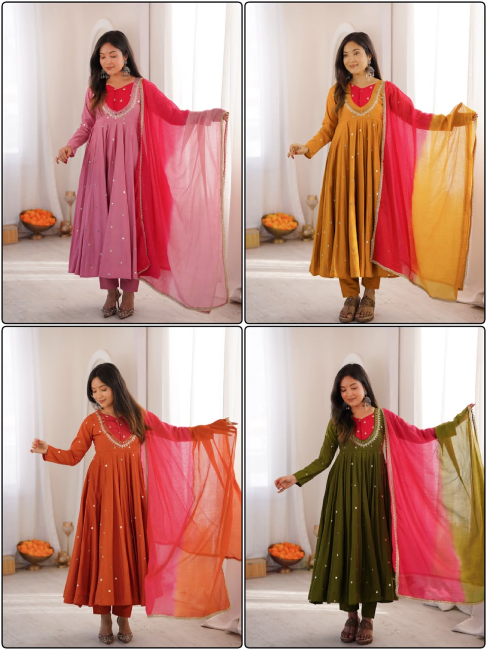 Onion pink, Mustard yellow,rust Orange and olive Green 