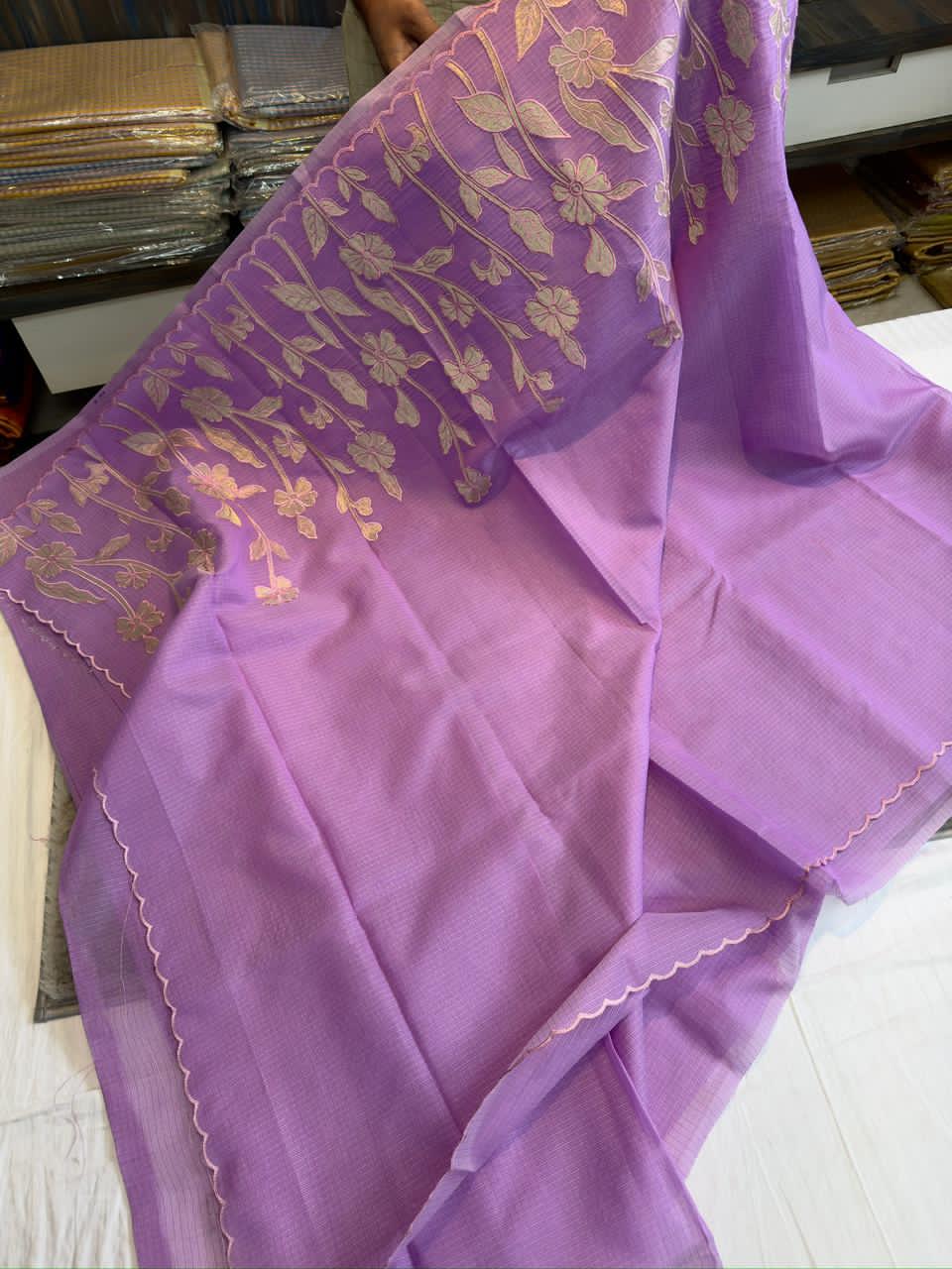 Lavender fabric with floral patterns 