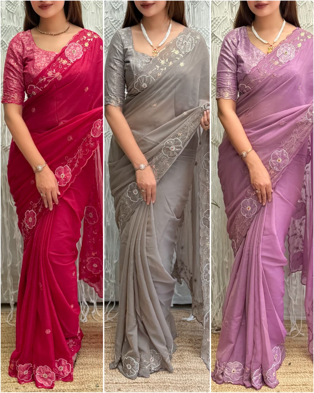 Three women wearing pink, Gray and Lavender colored sarees with floral patterns.