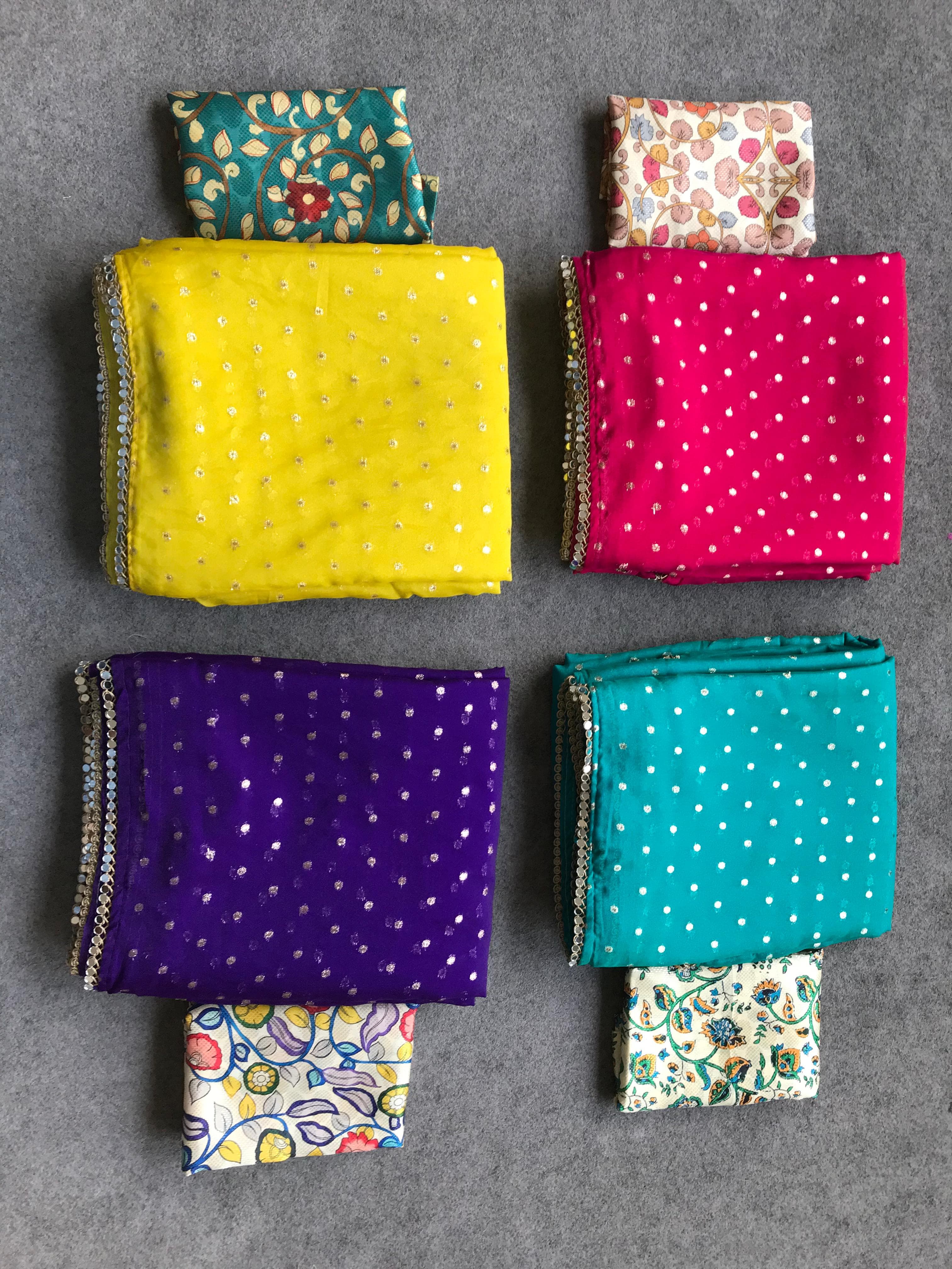 Pink, purple, yellow and sky blue fabric swatches arranged in a grid on a background