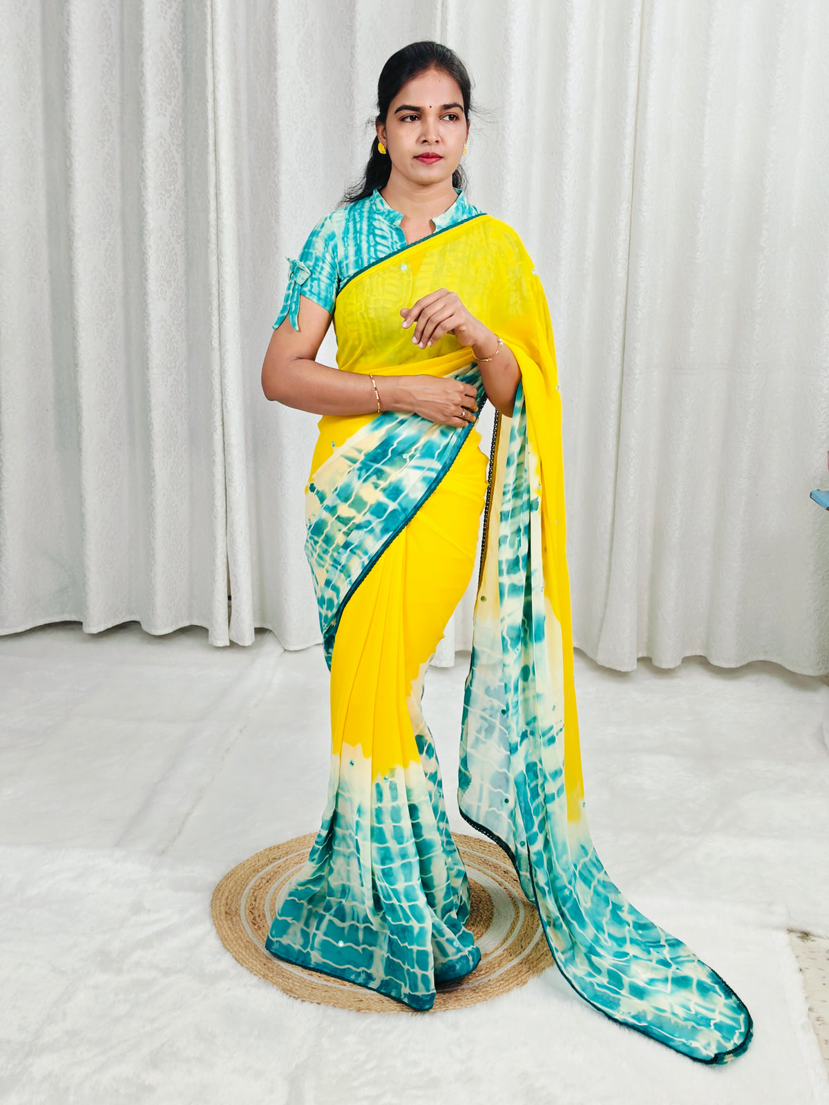 Shibori Georgette Saree with Lace and Real Mirrors LSS50