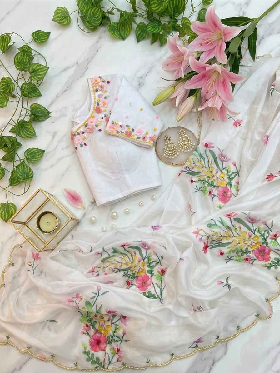 White embroidered fabric with floral patterns on a marble surface with pink flowers and green leaves.