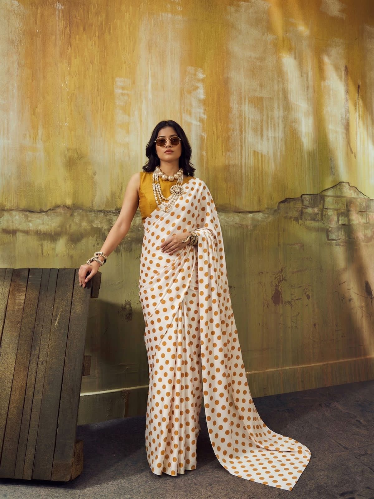 Beige saree with polka dots