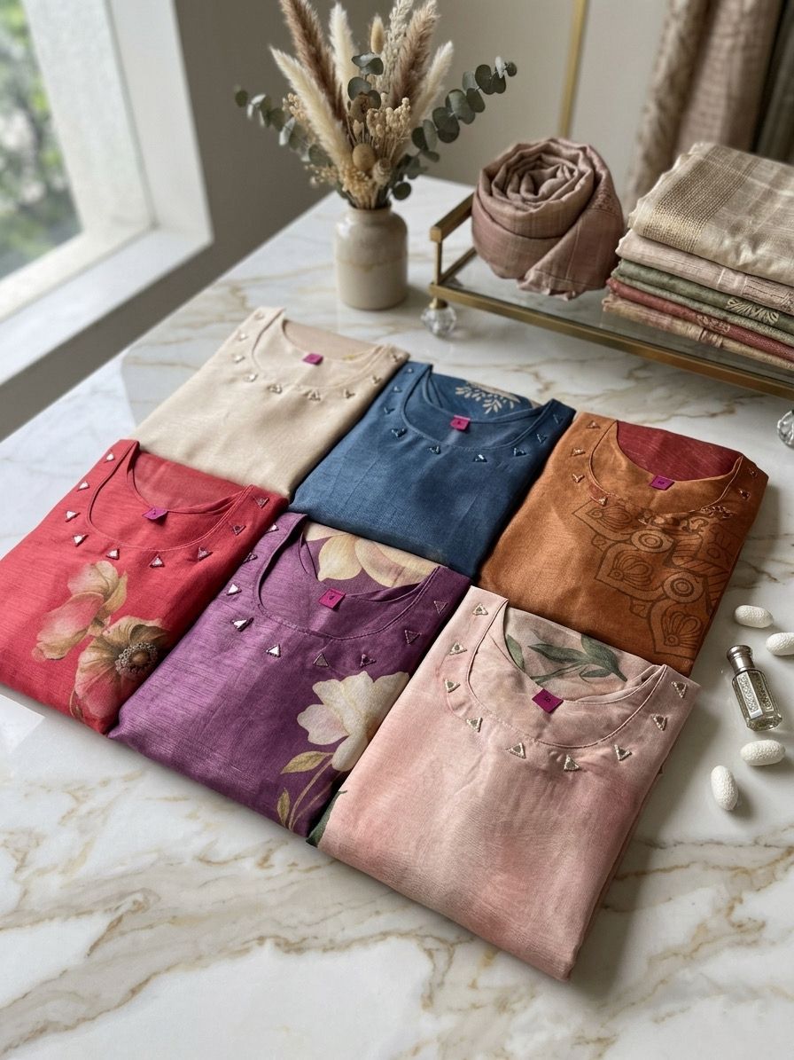 Cream,blue, Rust orange, Red, purple and beige