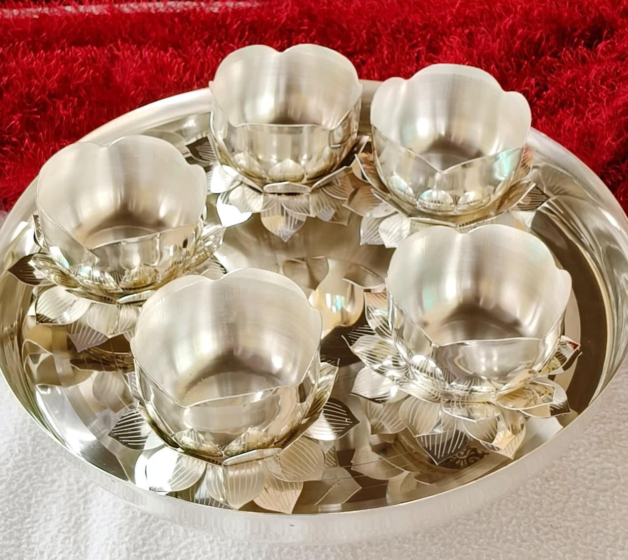 German silver 5 piece lotus prasad bowl thali set