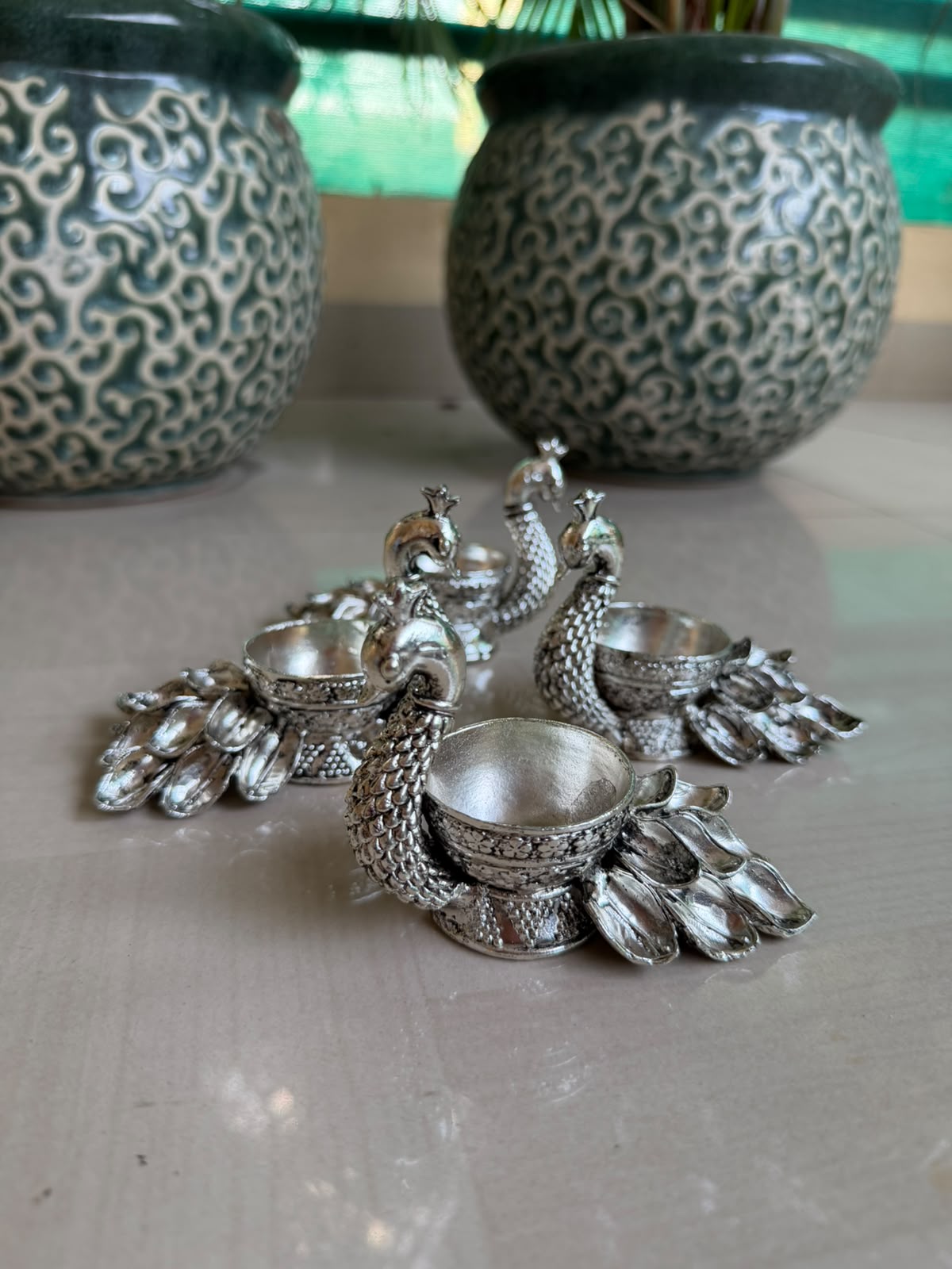 Antique German Silver big peacock deepam