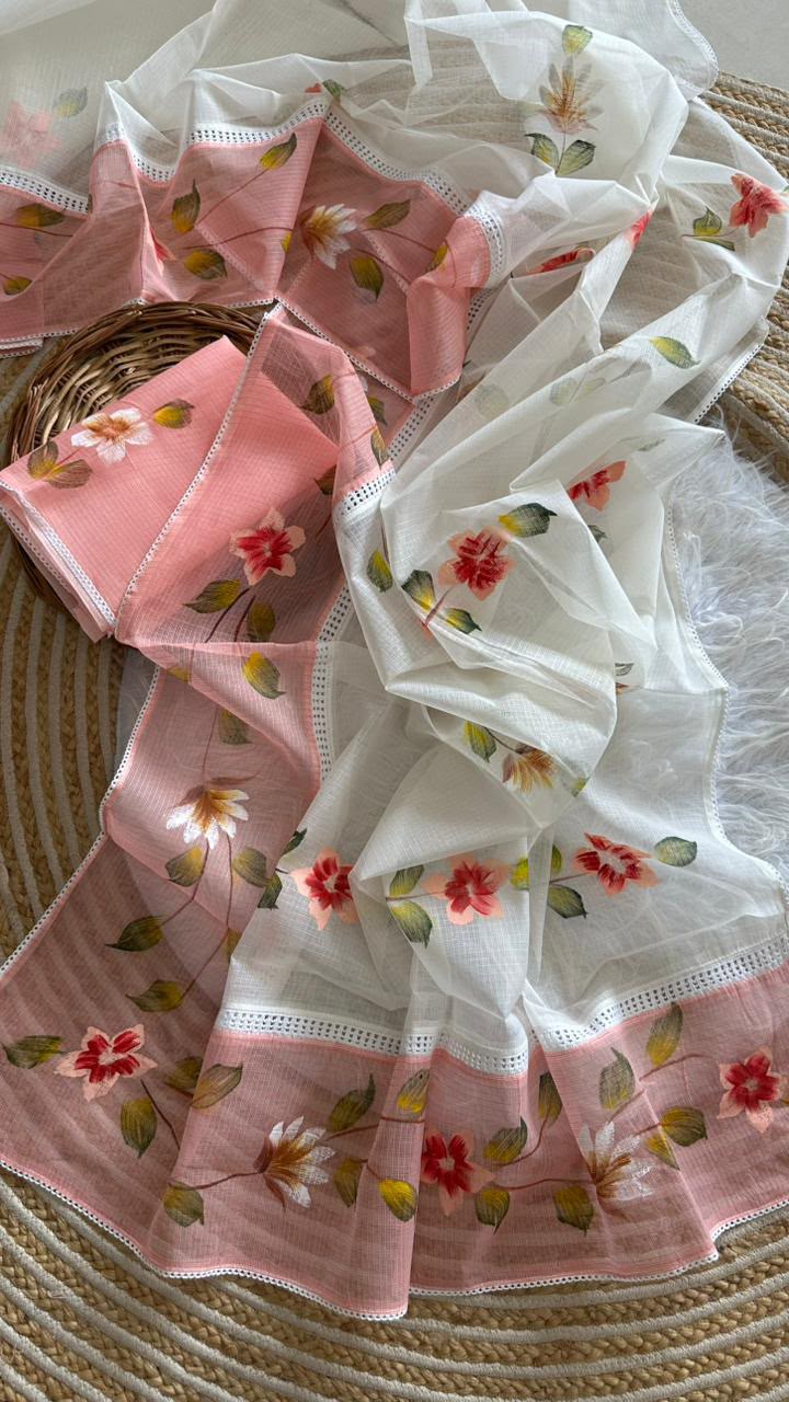 A White colour Brush Painted Kota Saree
