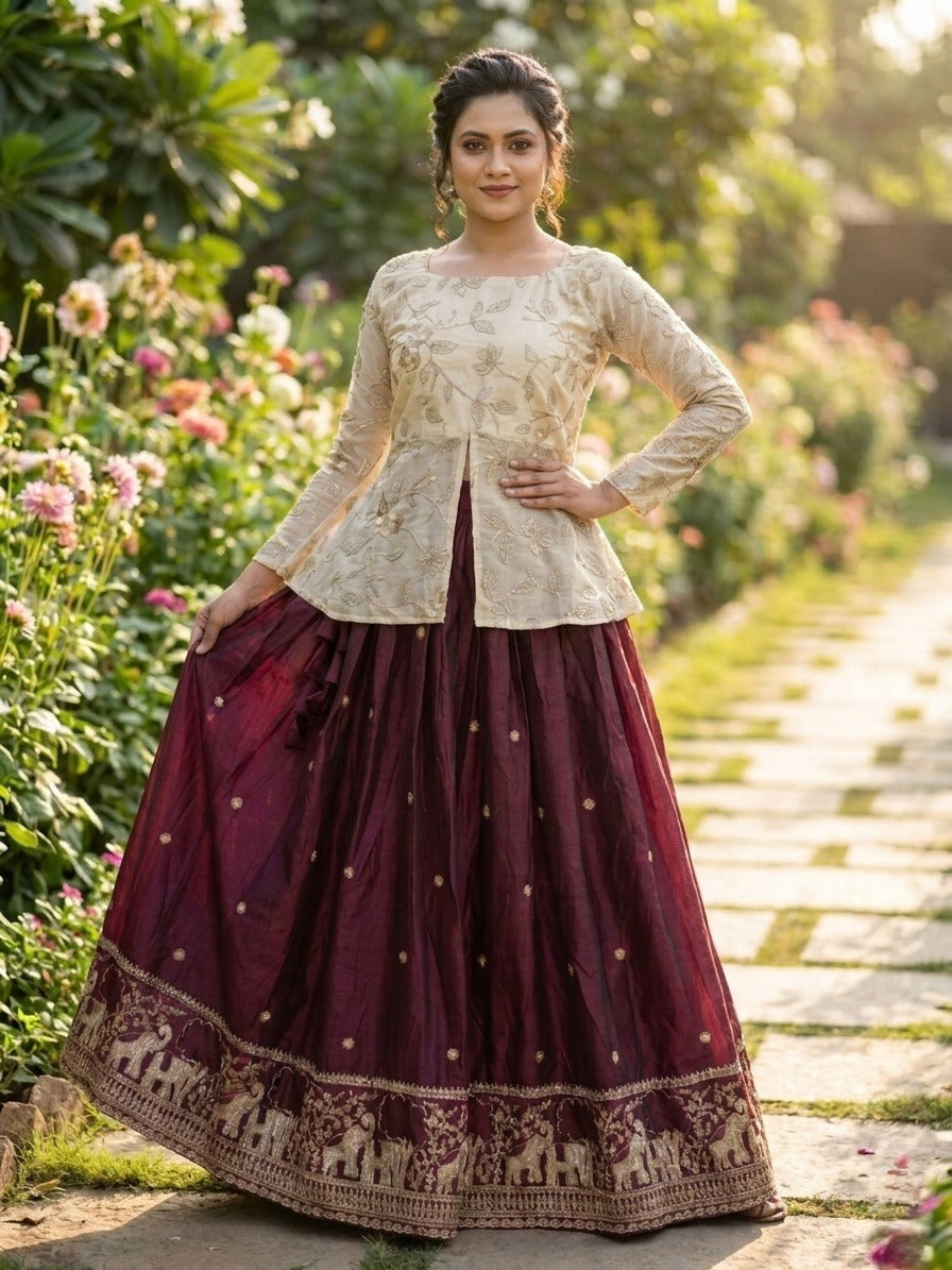 Woman in wine traditional outfit standing in a garden