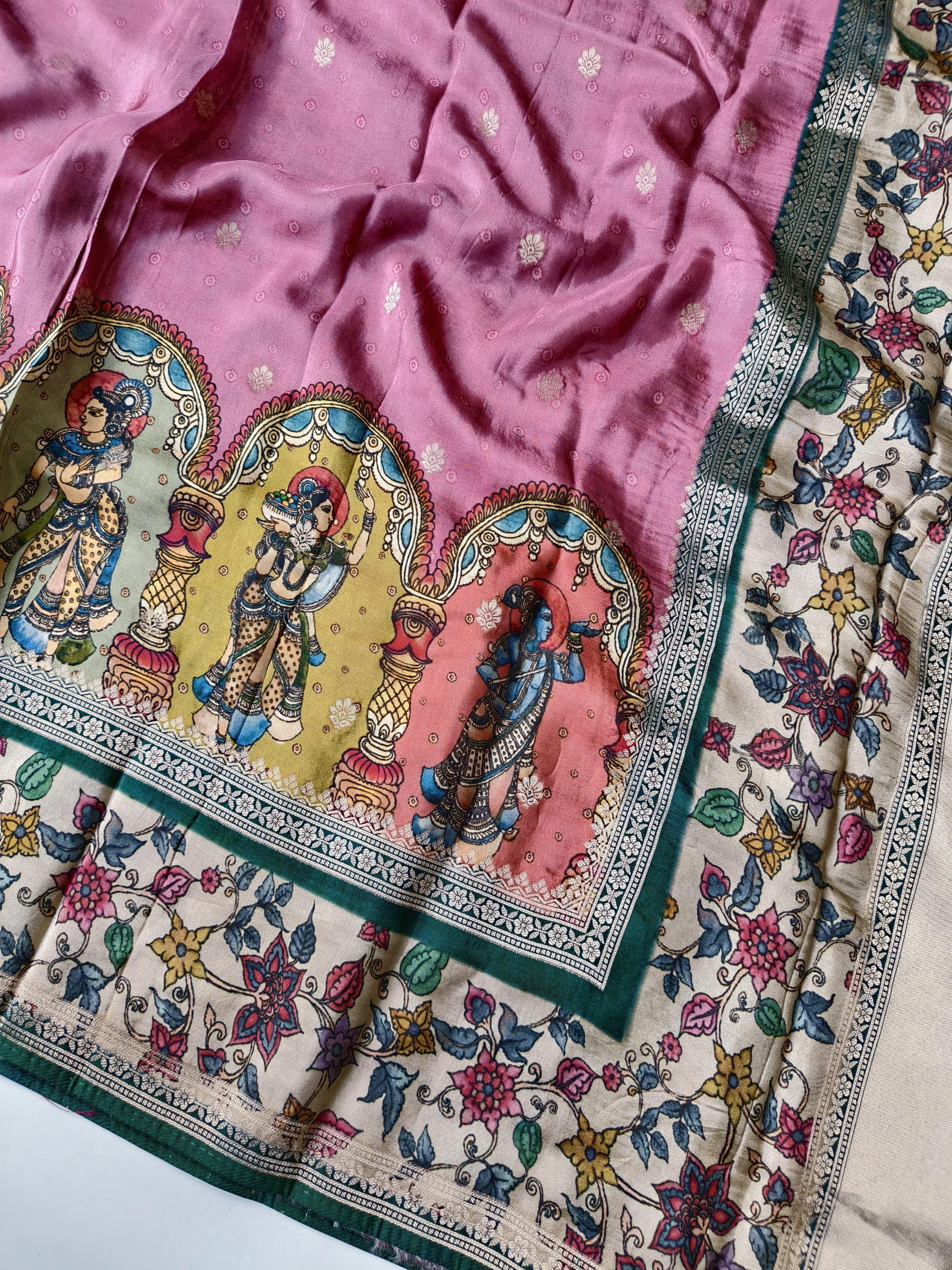 Onion Pink fabric with intricate designs and colorful patterns on a marble surface