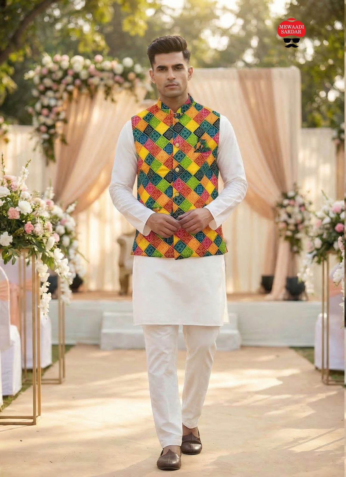 Man wearing a Multicolor vest over a white kurta with a decorated outdoor setting.