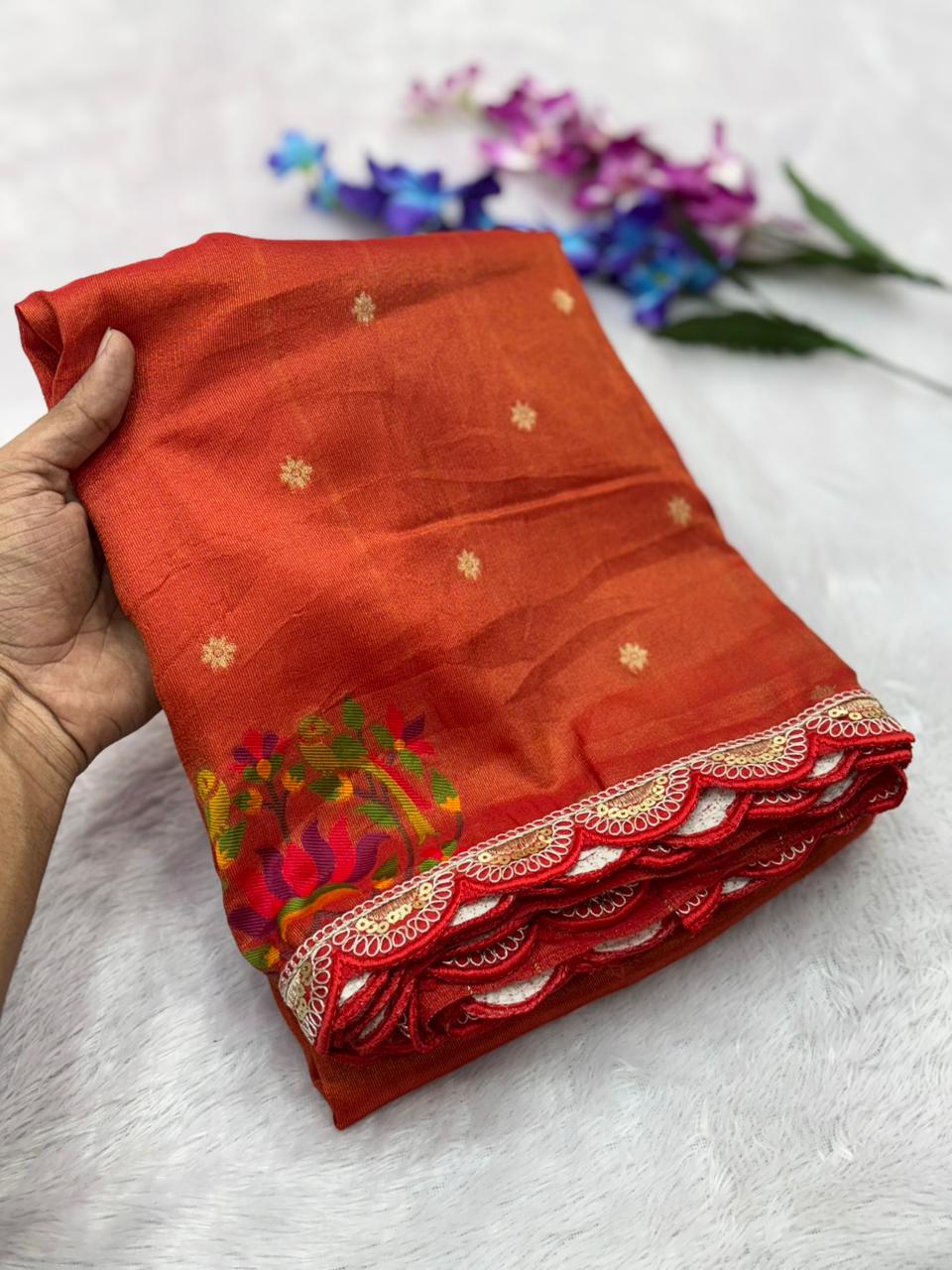 Rust saree with floral patterns 